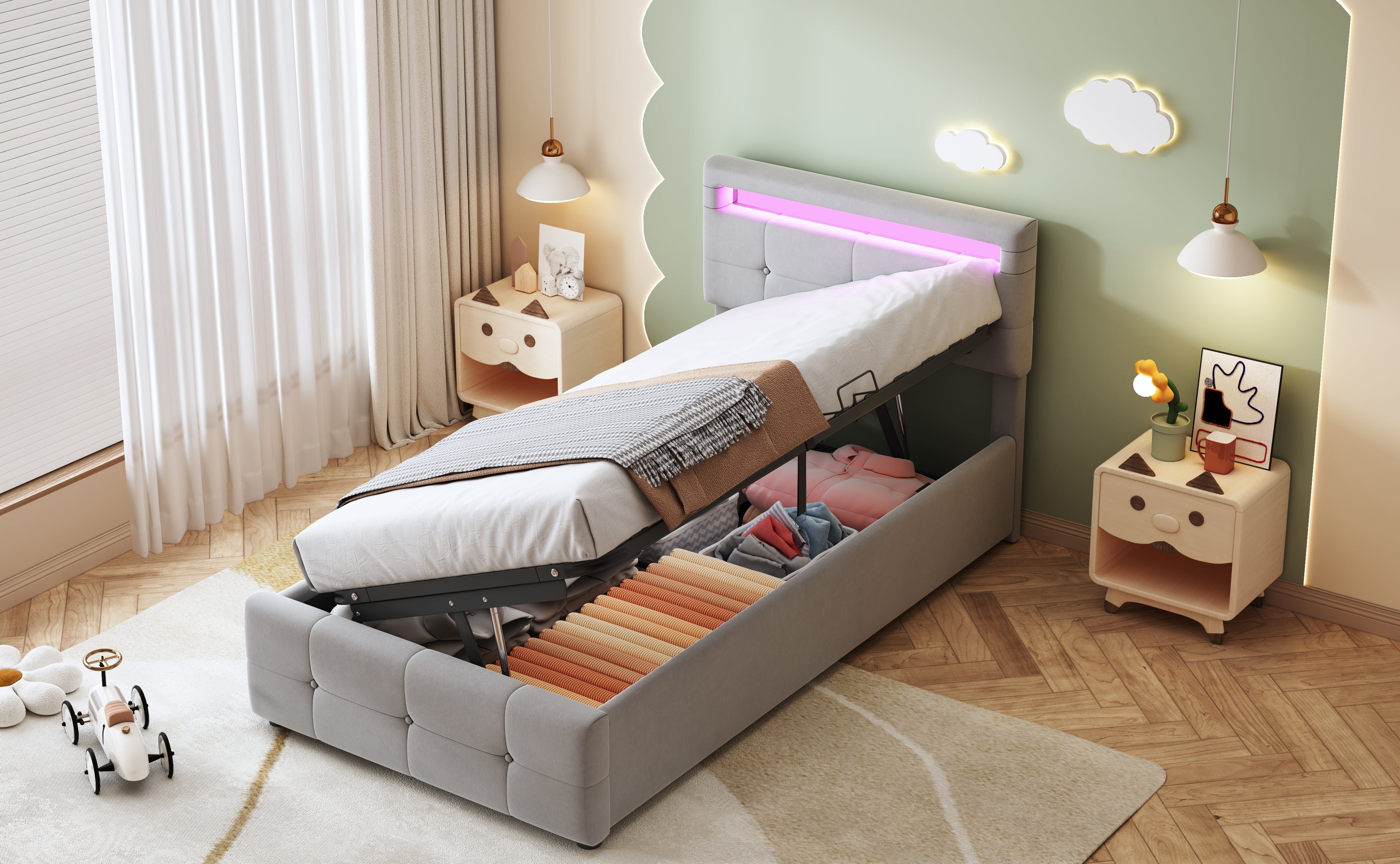 Upholstered Children's Bed, 90x200 cm with LED, Hydraulic Storage, Adjustable Headboard, Velvet Grey