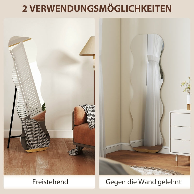 Full-Length Frameless Wave Mirror with Wooden Base, Black