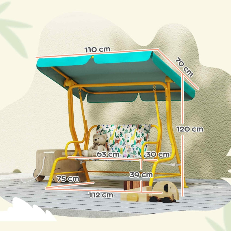 Children's Hollywood Swing with 2 Seats, Adjustable Canopy and Safety Belt, Green