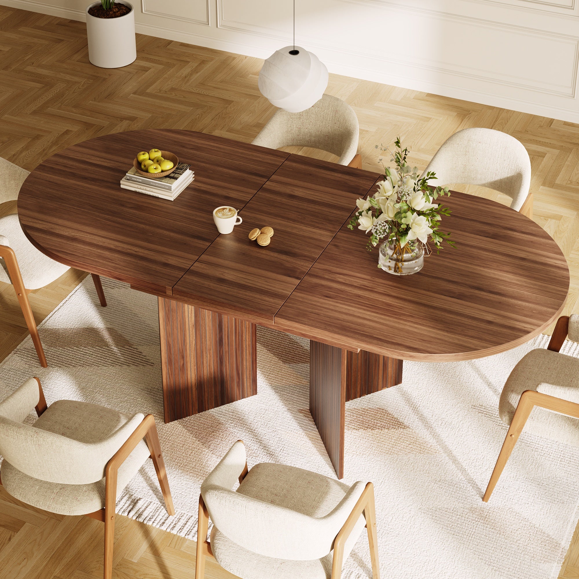 Extendable Dining Table with Internal Extension Leaves, 120-160 cm, Walnut Wood Finish