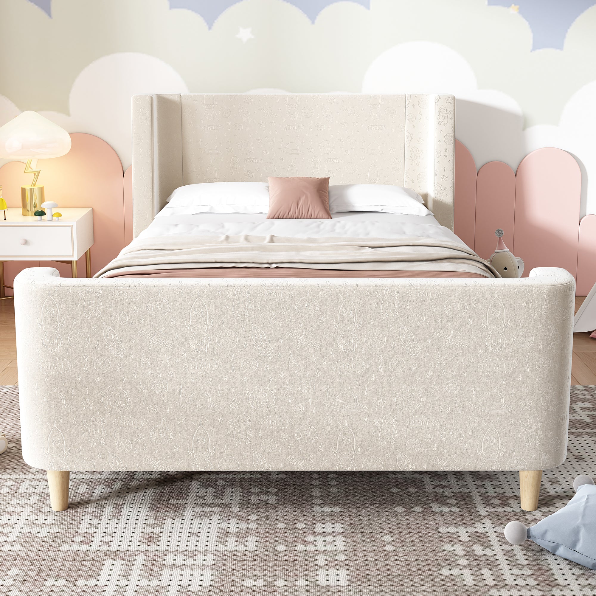Upholstered Children's Bed, Single Sleigh with Cosmic Pattern, Beige Velvet