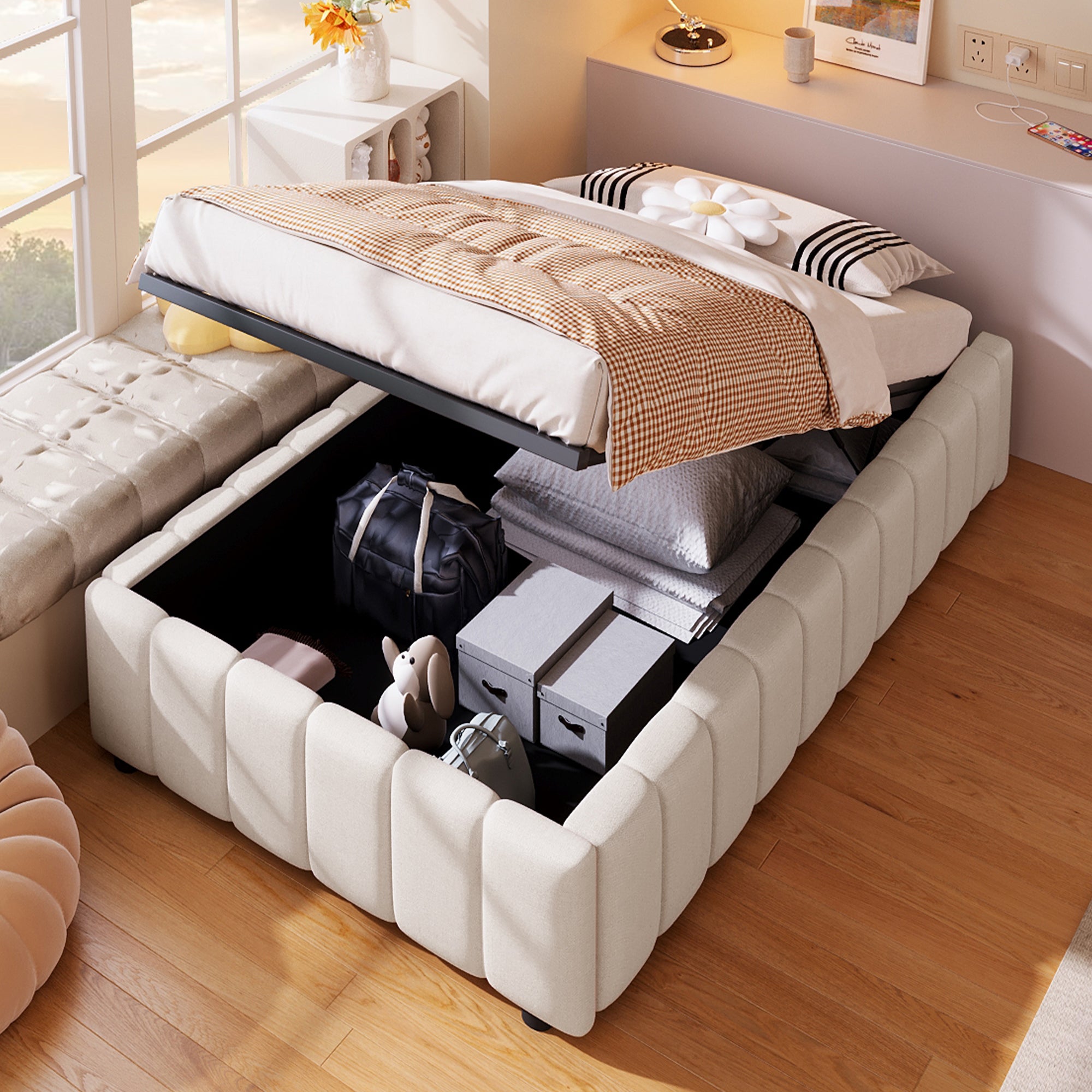 Upholstered Bed 90x200cm Hydraulic Storage - Beige