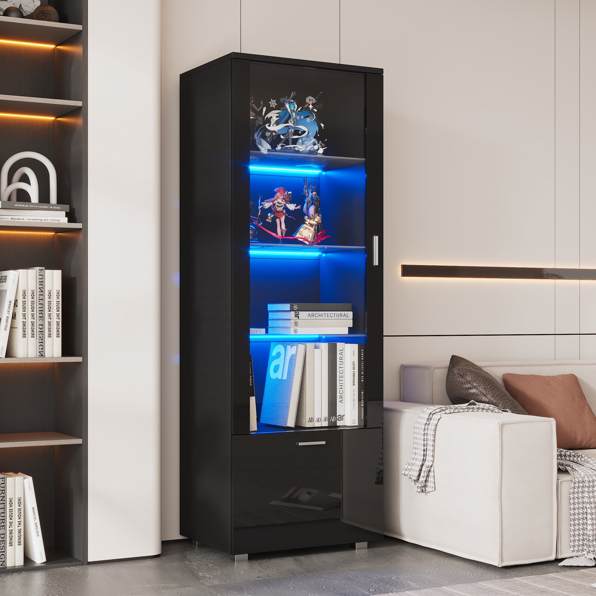 Display Cabinet, LED-Lit Glass with 3 Shelves for Collectibles, Black High-Gloss