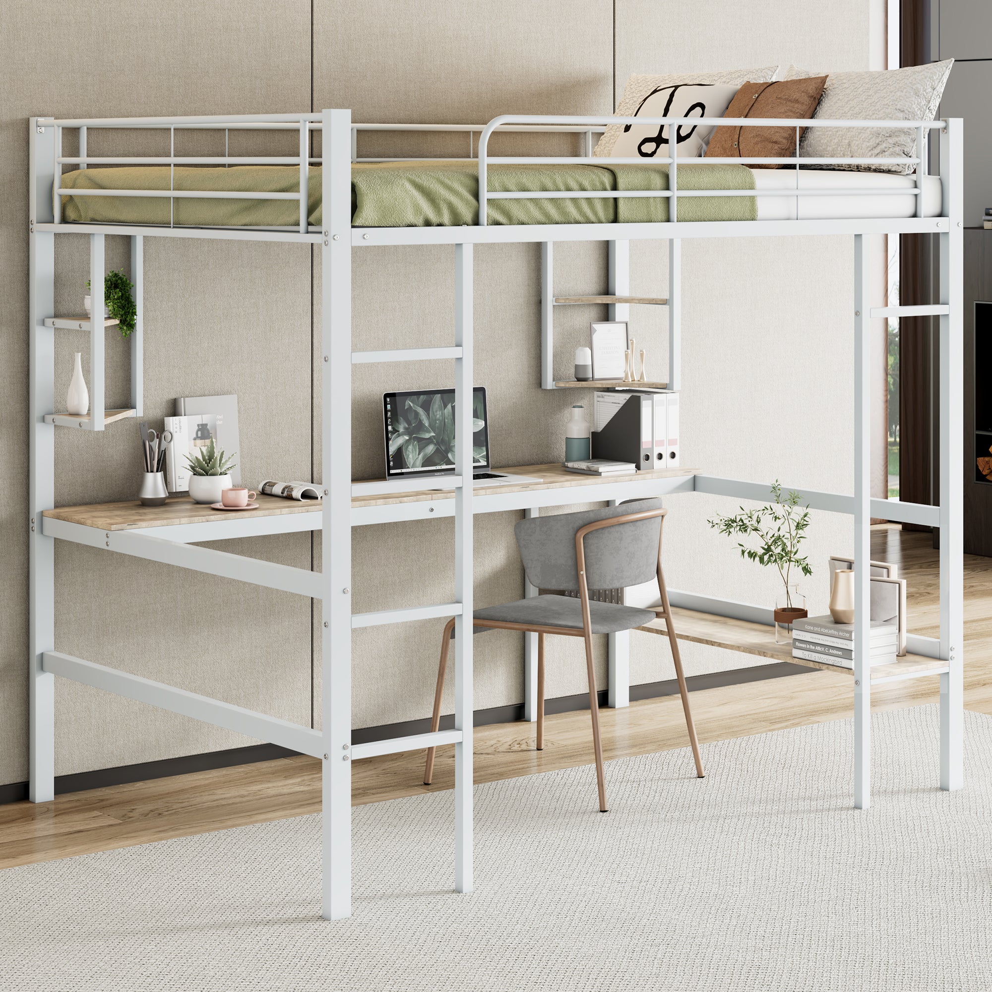 Loft Bed 140x200cm Metal Frame with Desk Shelves & Bookcase - White