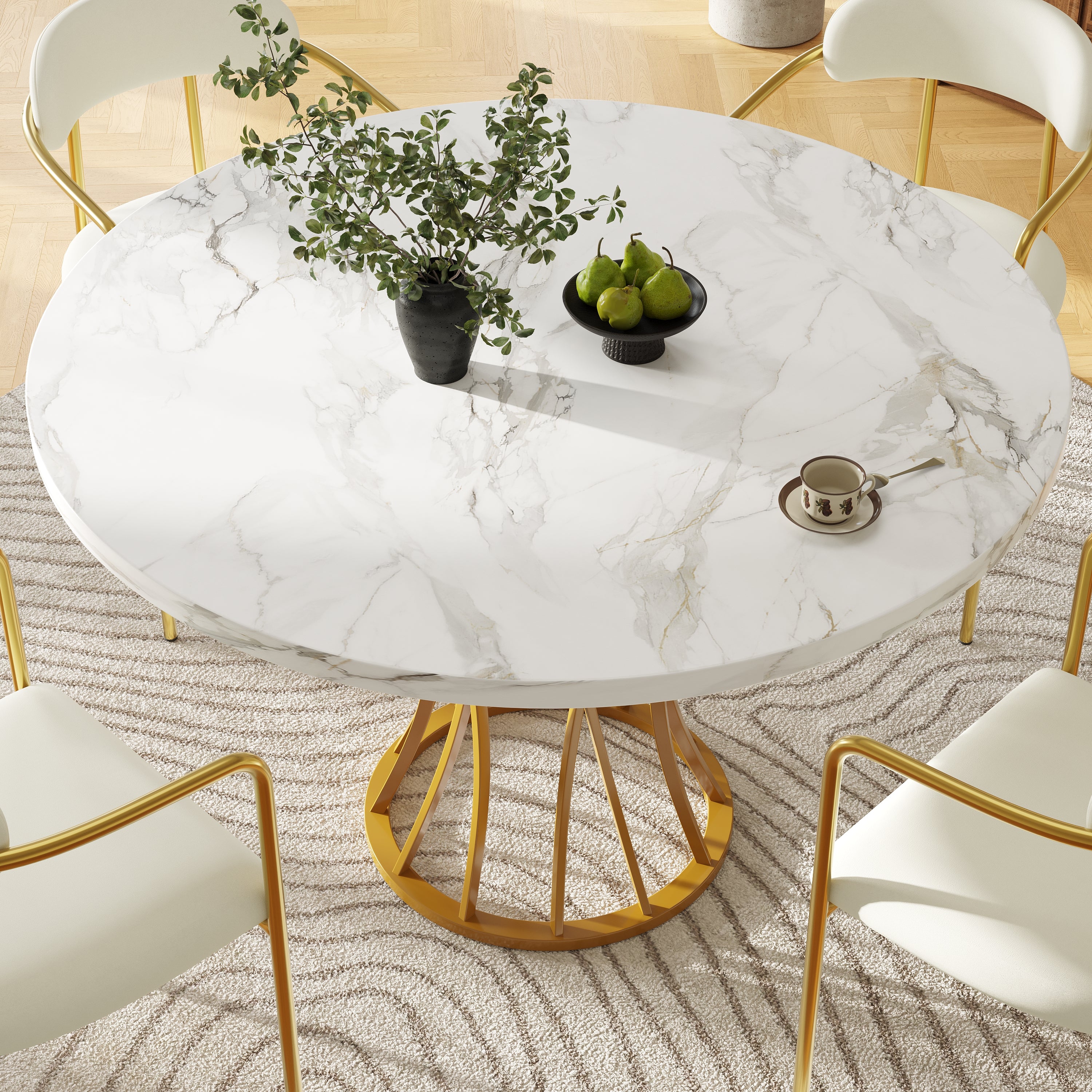 Round Dining Table, 80x80x76cm 4-6 Person MDF Marbled, Golden Legs