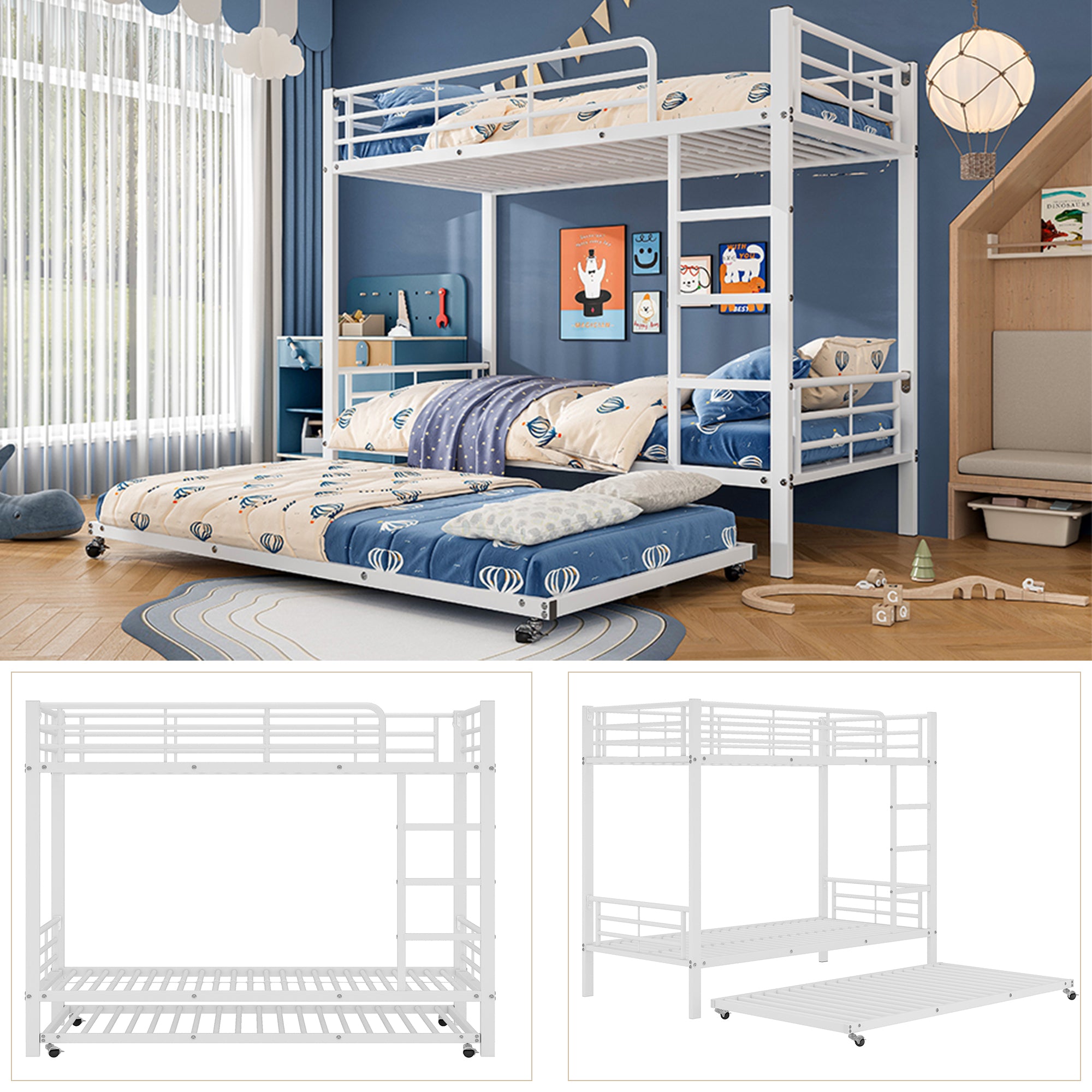 Iron Bunk Bed, Pull-out Bed, Side Rails, 90x200cm & 90x190cm, White