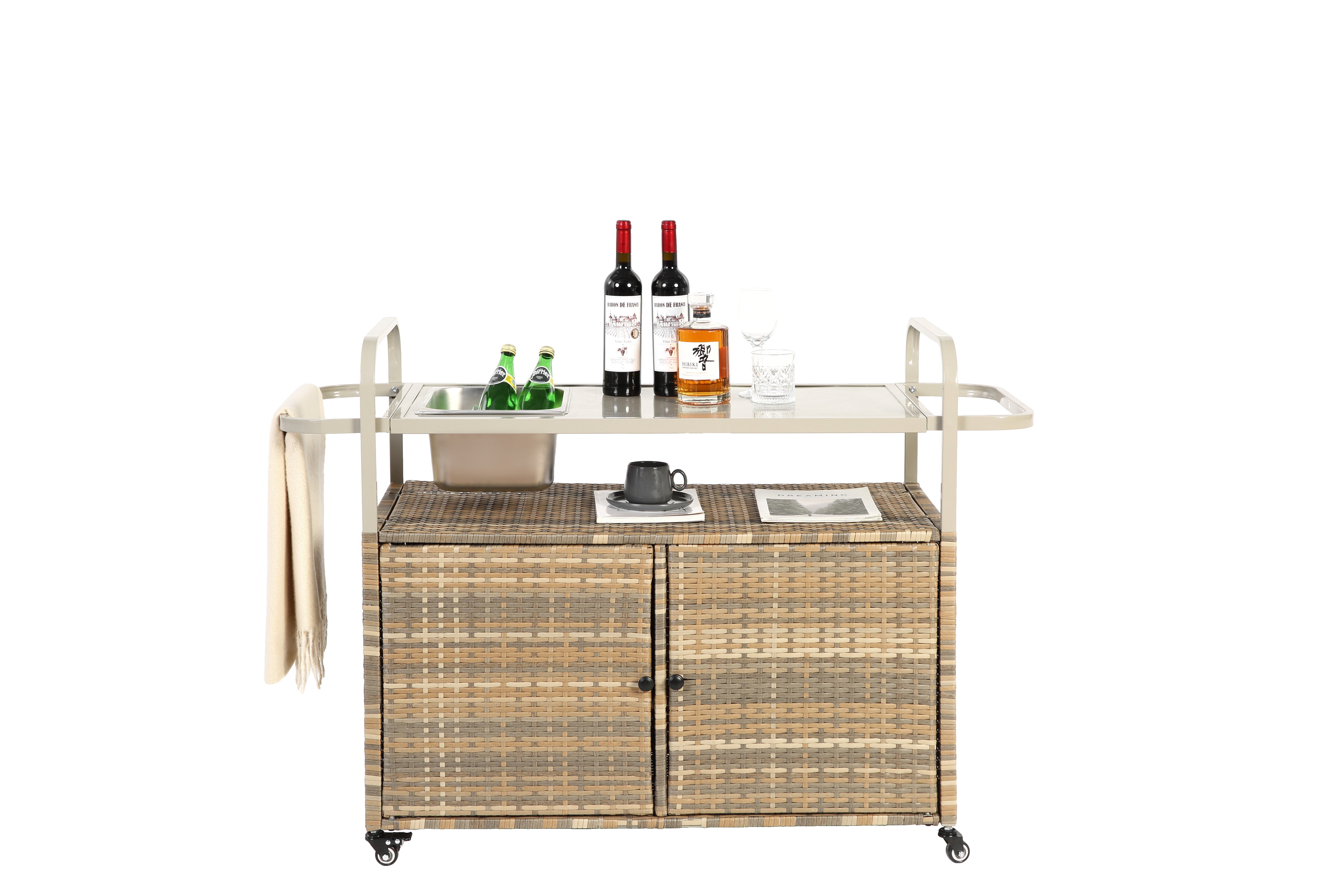 Outdoor Bar Table, Wicker Bar Cart with Cabinet, Steel Top, Ice Bucket, Lockable Wheels, Beige