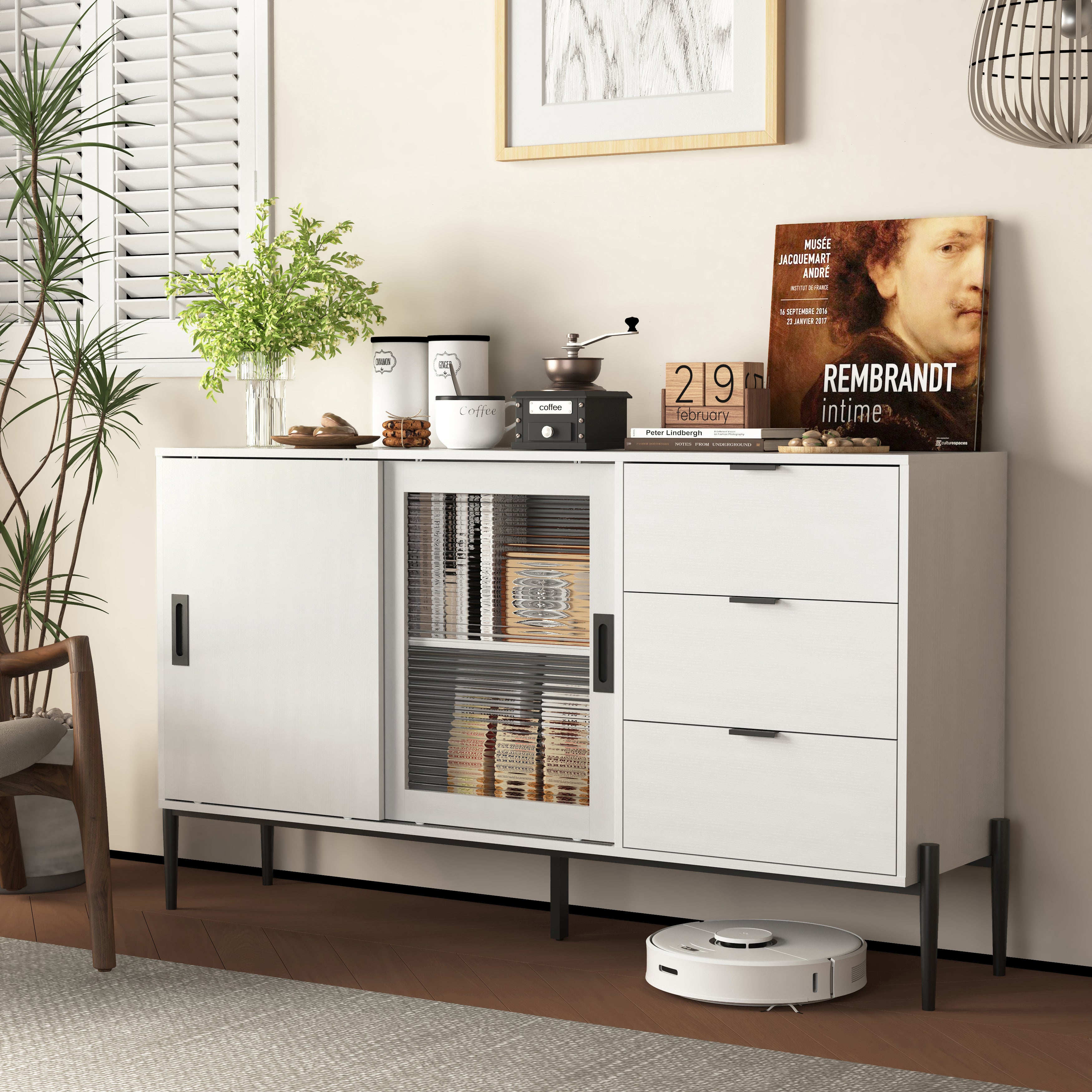 Sideboard Glass Sliding Door 3 Drawers Console Table - White