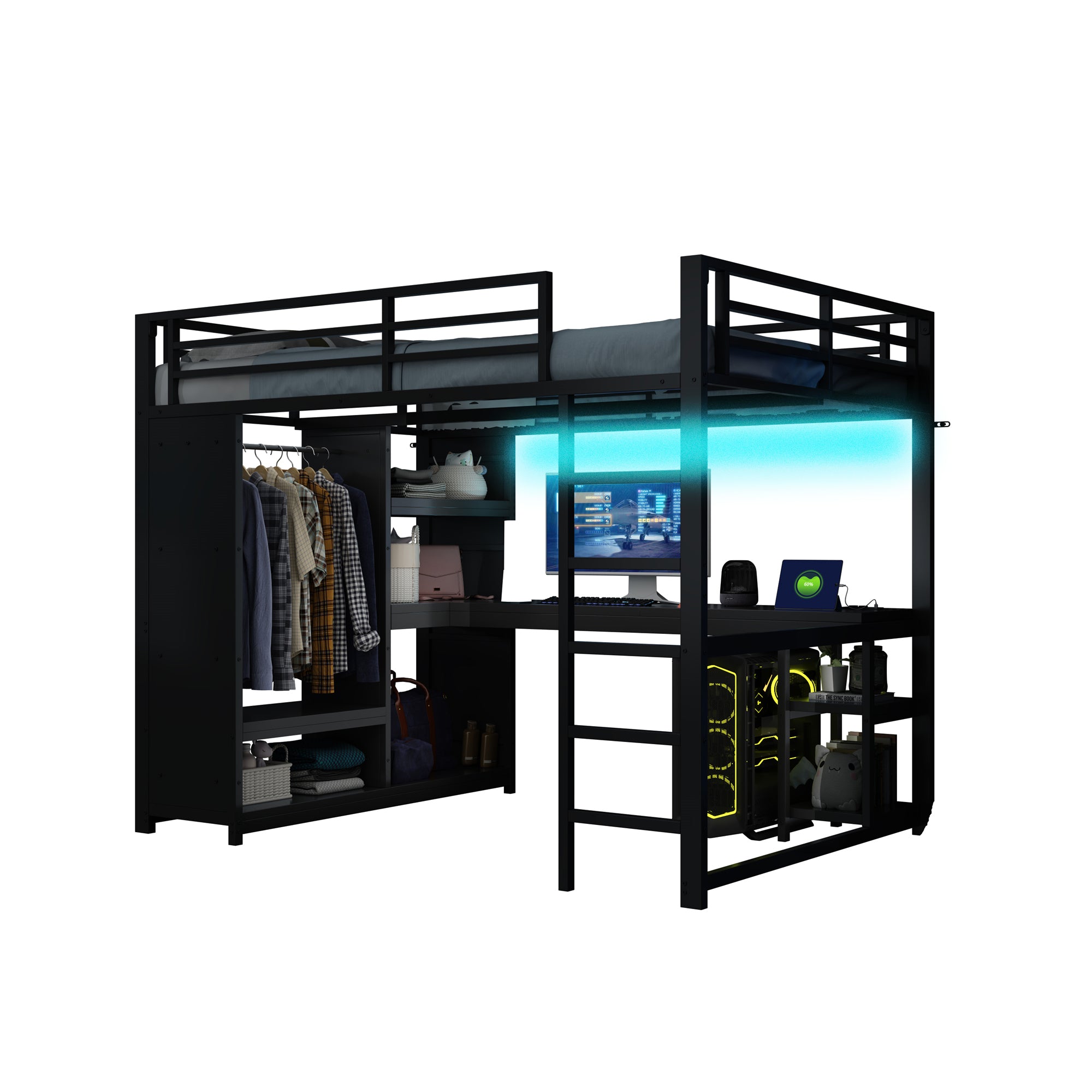 140x200 Gaming Loft Bed with LED, Desk & Storage, Metal Black