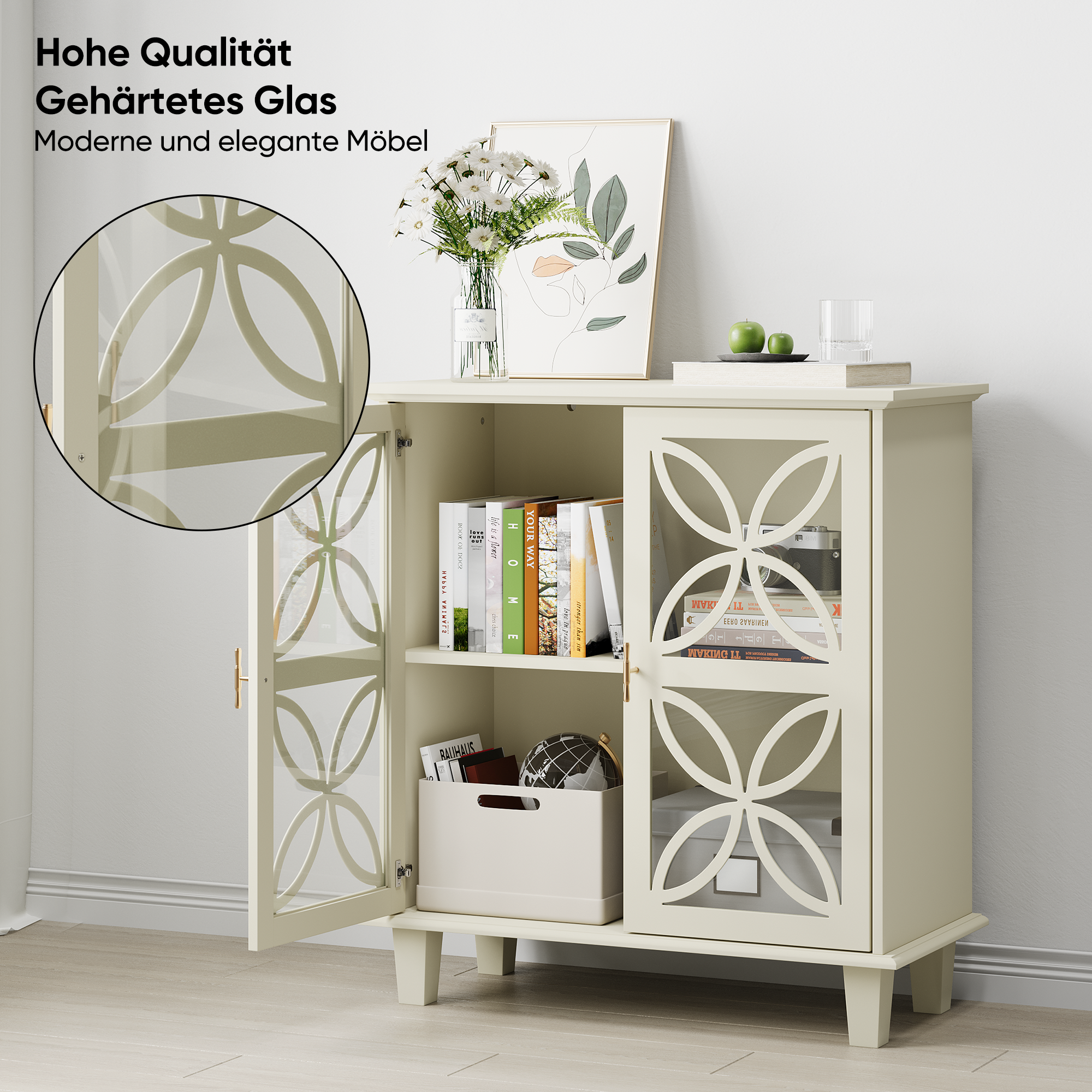 Sideboard with adjustable shelves, two doors, cream