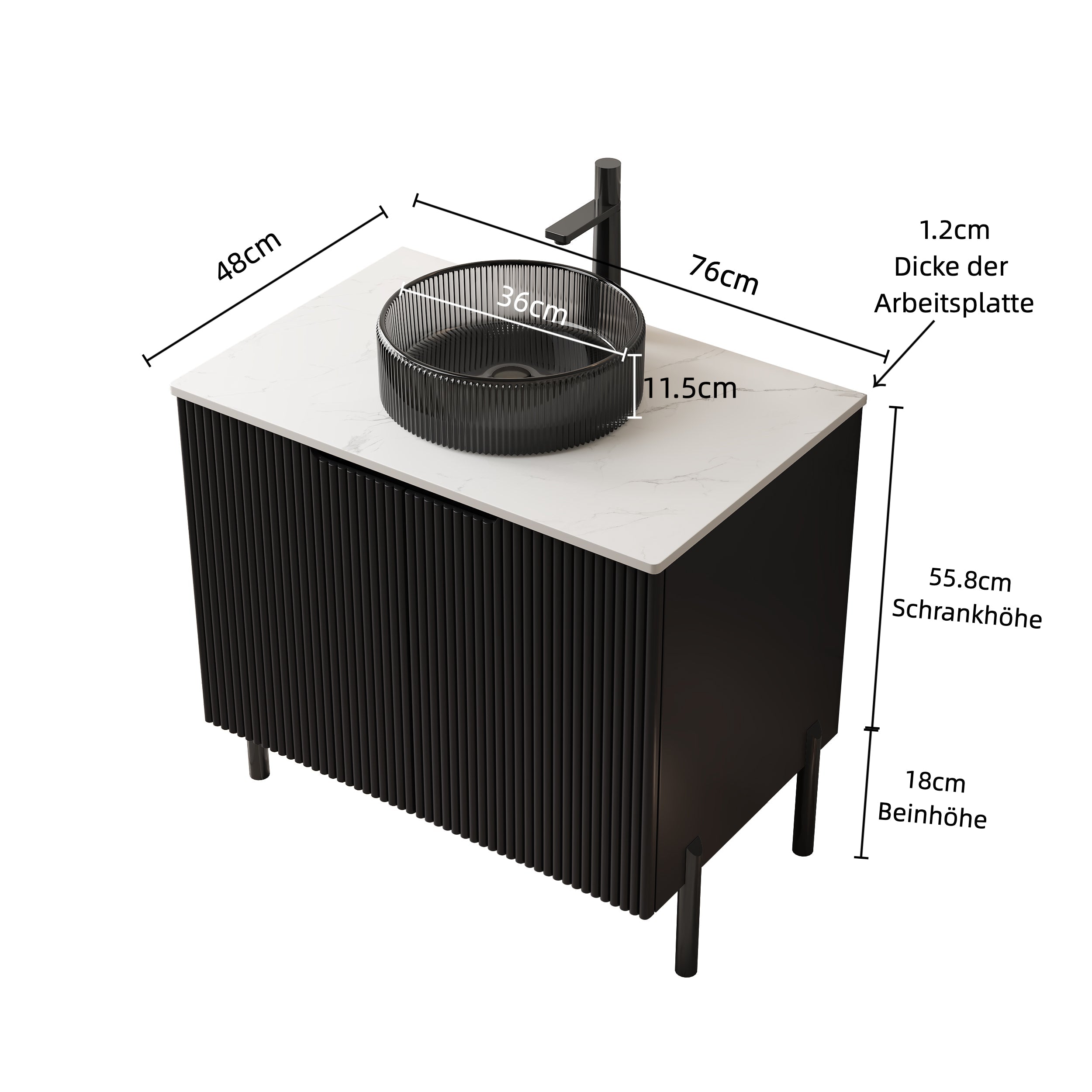 TURIO 76cm Freestanding Bathroom Vanity Unit with Round Glass Basin, Sintered Stone Countertop, Black Finish