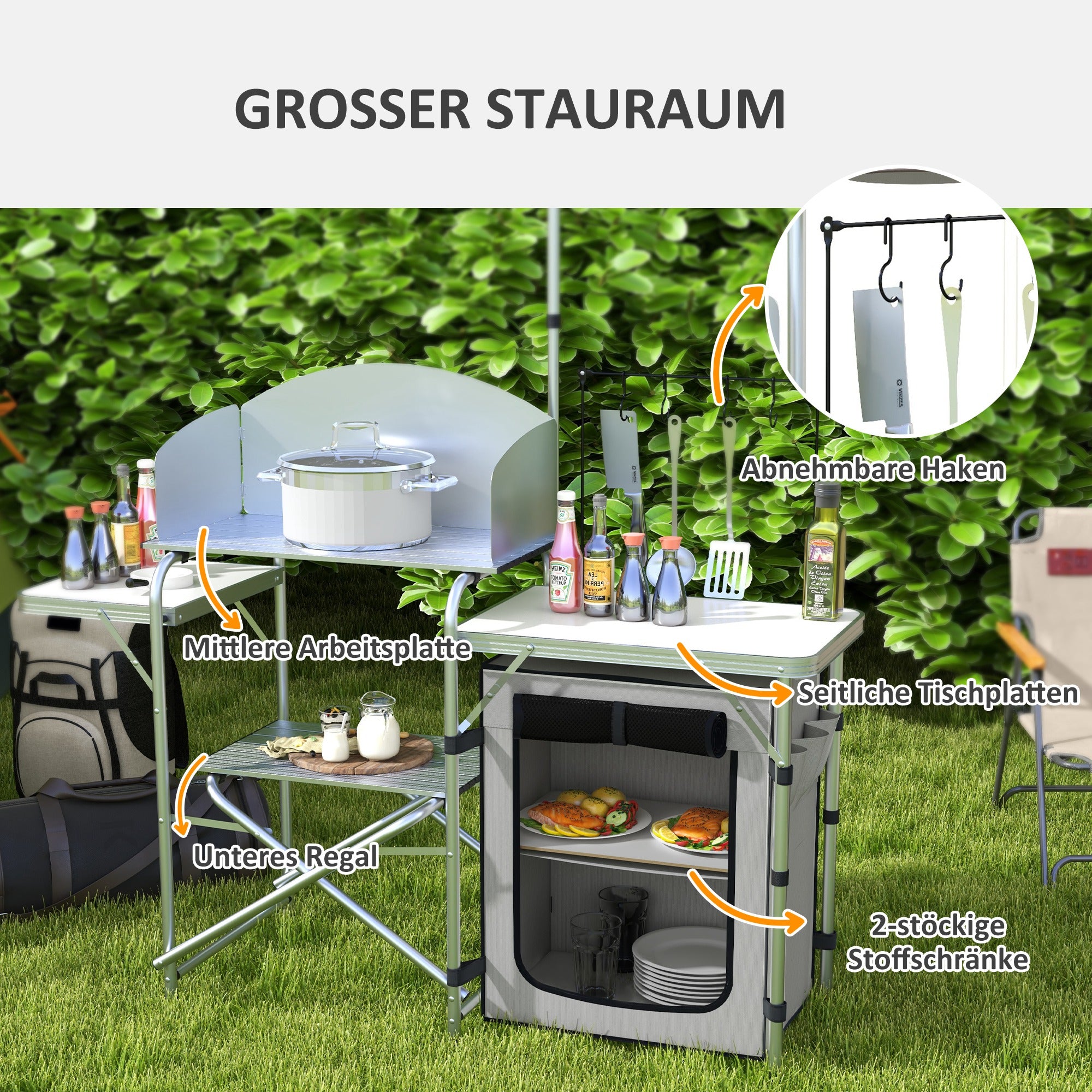Folding Camping Kitchen, UV & Wind Protection, 3 Worktops, Aluminum
