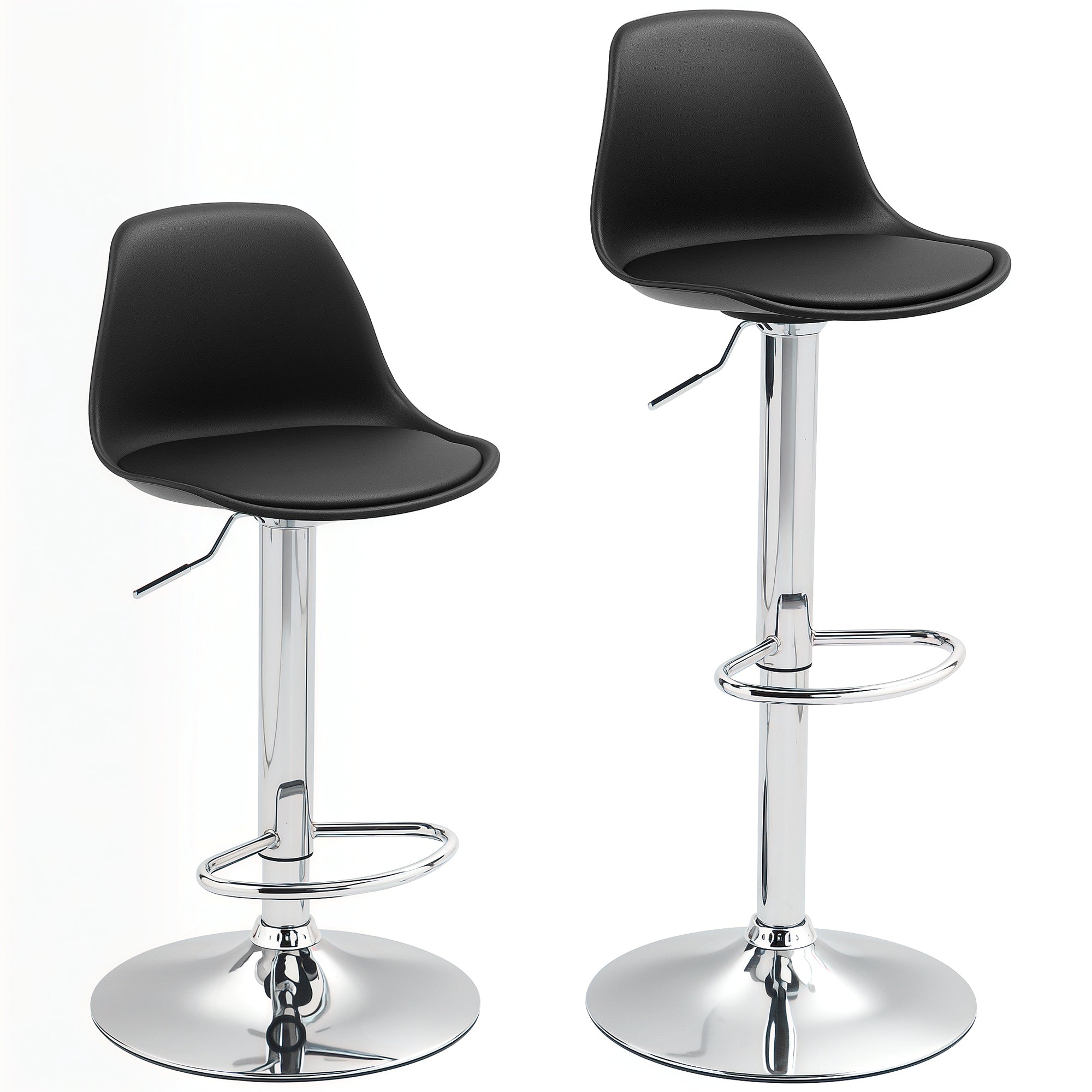 Bar Stool Set of 2, Padded, Height-Adjustable, Rotatable, Faux Leather Black