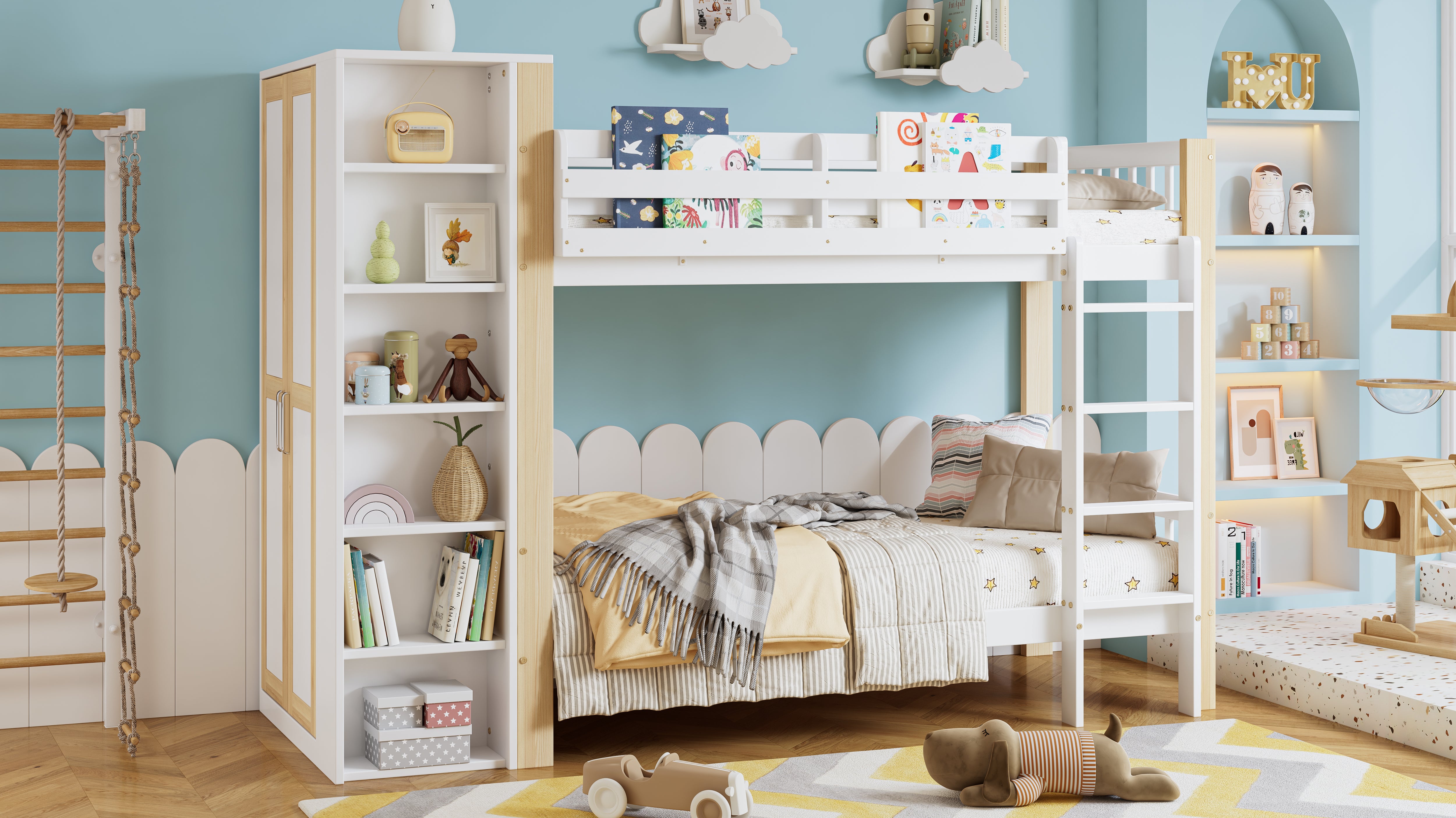 Bunk Bed, Child's with Ladder, Storage & Wardrobe, Pine+PB White+Natural