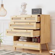 Classic chest of drawers with 3 drawers, rattan drawer top, gold metal handle, wooden legs, chipboard