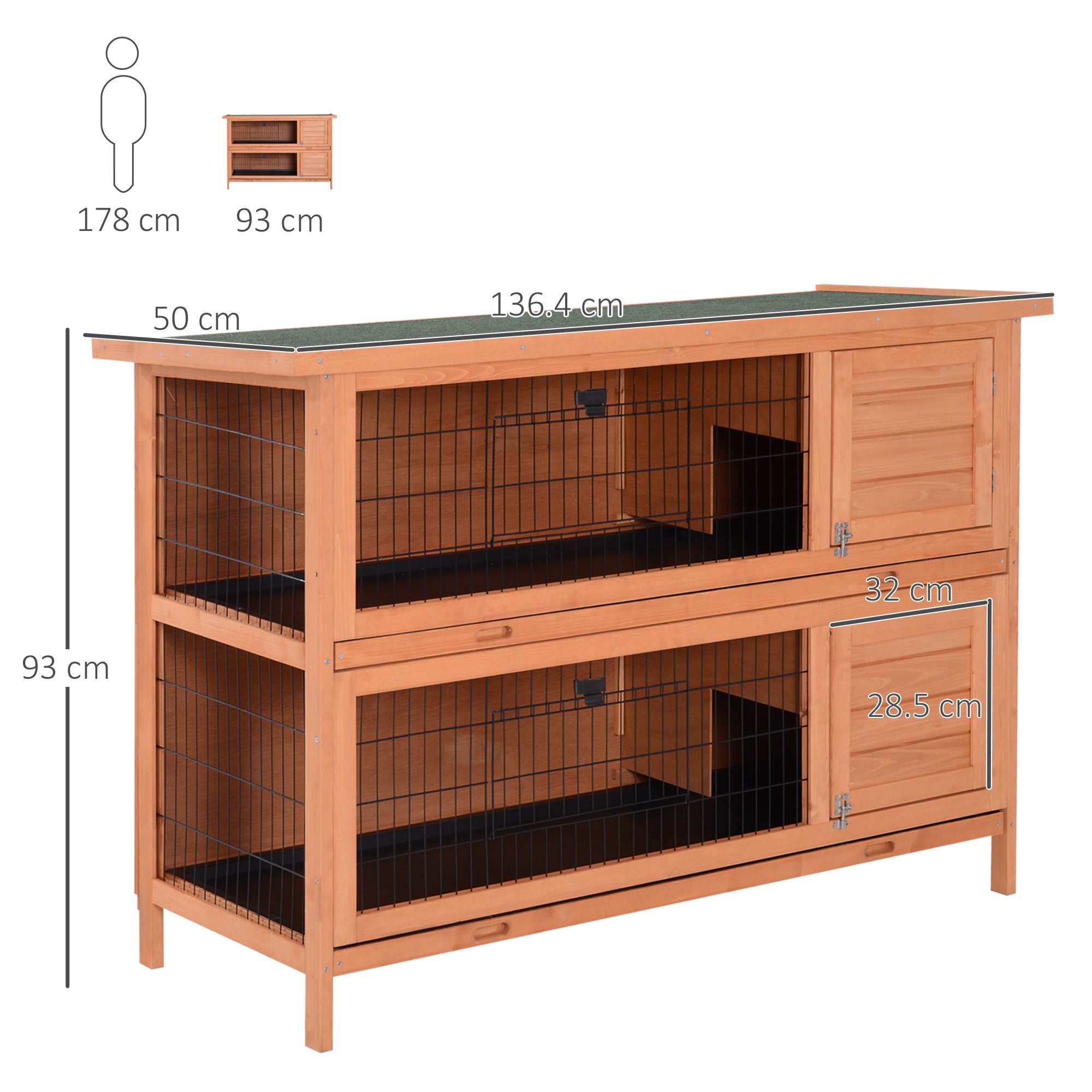 Small Animal Hutch, Double-Tier Guinea Pig Cage, Fir Wood, Orange