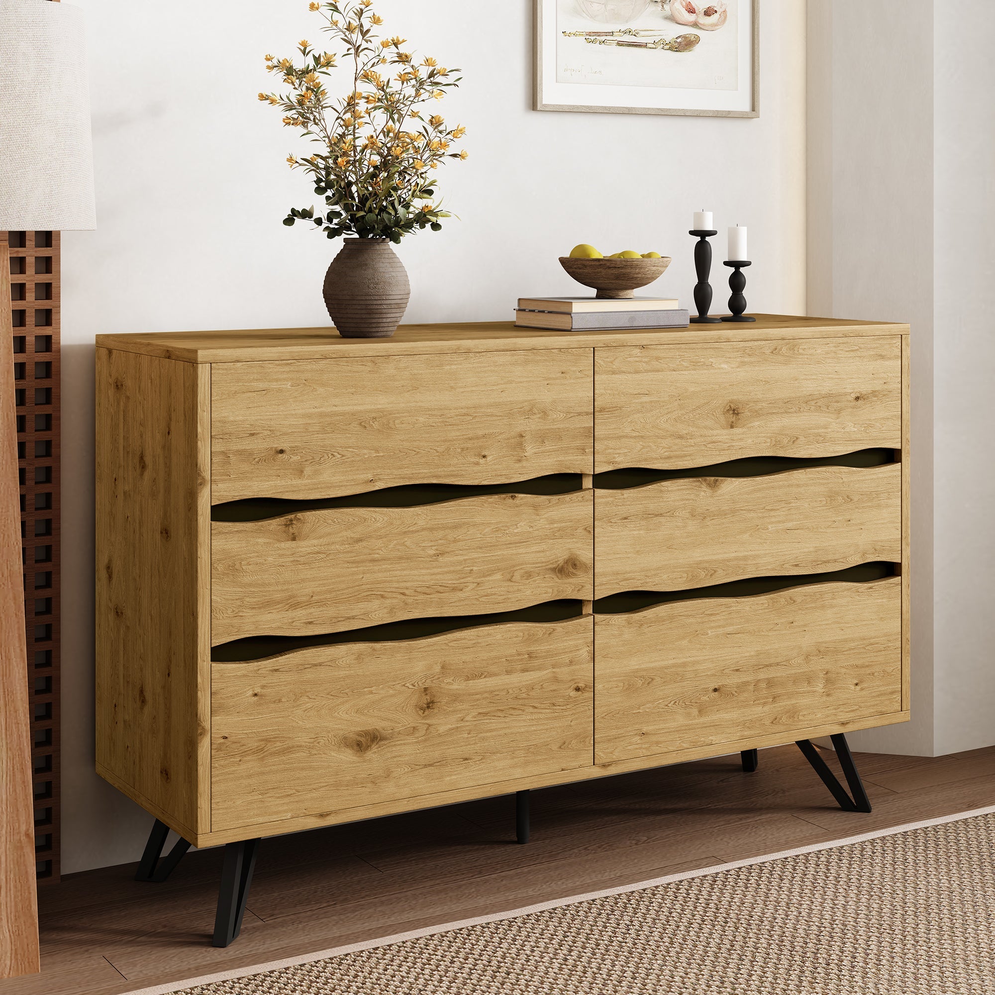 Modern sideboard cabinet with 6 drawers, wood look
