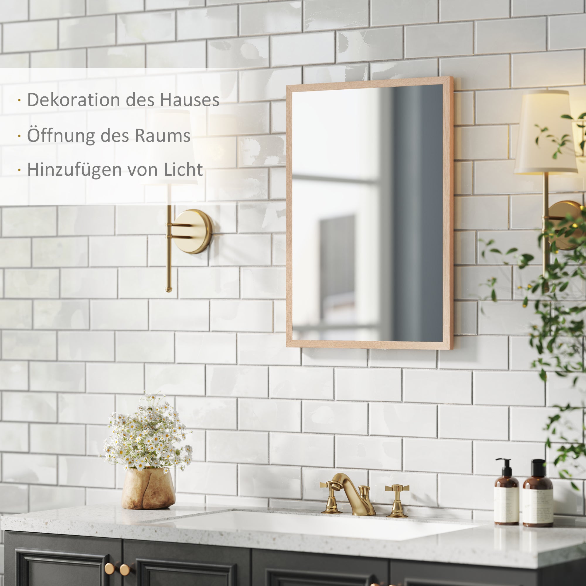 Wall Mirror, 50x70cm Decorative with 4 Hooks, Rectangular
