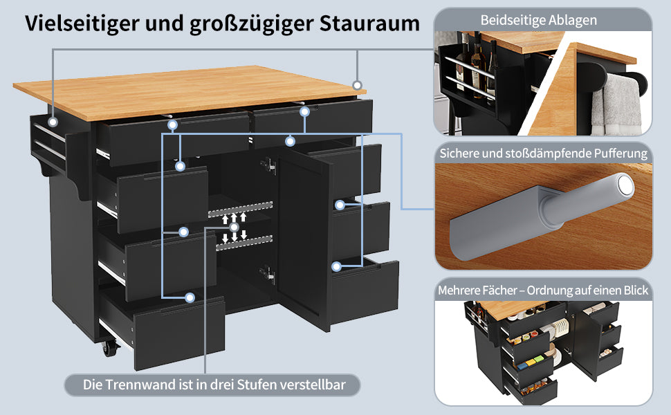 Kitchen Island Extendable Mobile Worktop 8 Drawers Spice Rack - Black