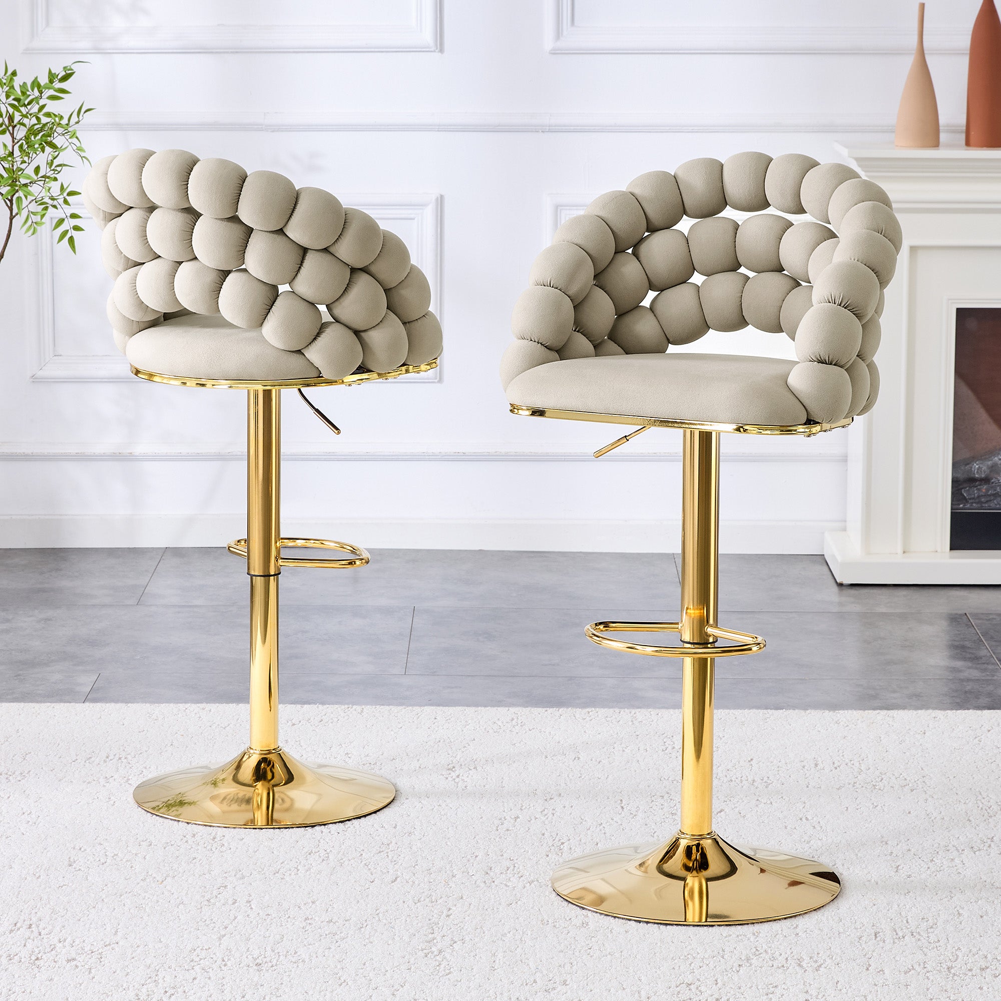Bar Stools, 2-Piece Set, Ball Chain Backrest, Adjustable Gold-Plated Frame, Gray Velvet