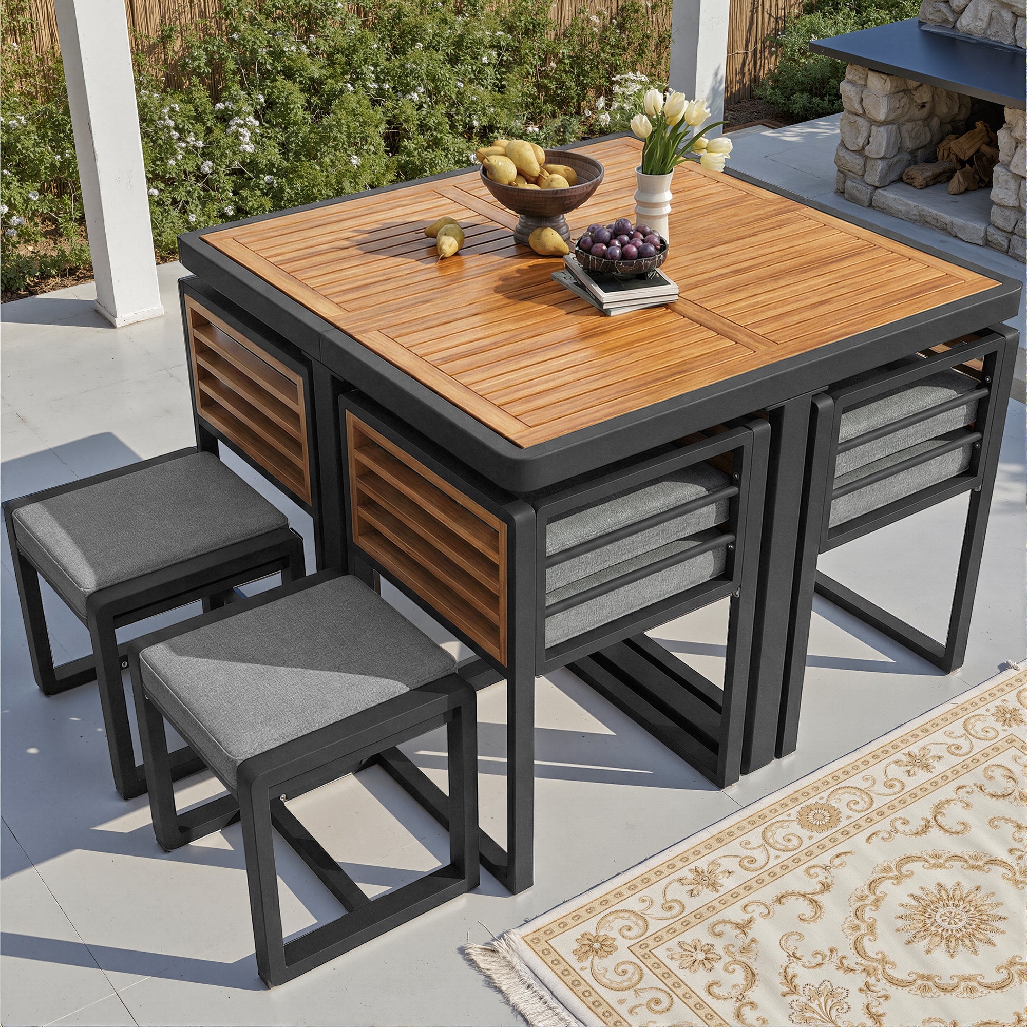 Garden Furniture Set, Lounge Seating Group with 6 Chairs and Table, Solid Wood Tabletop