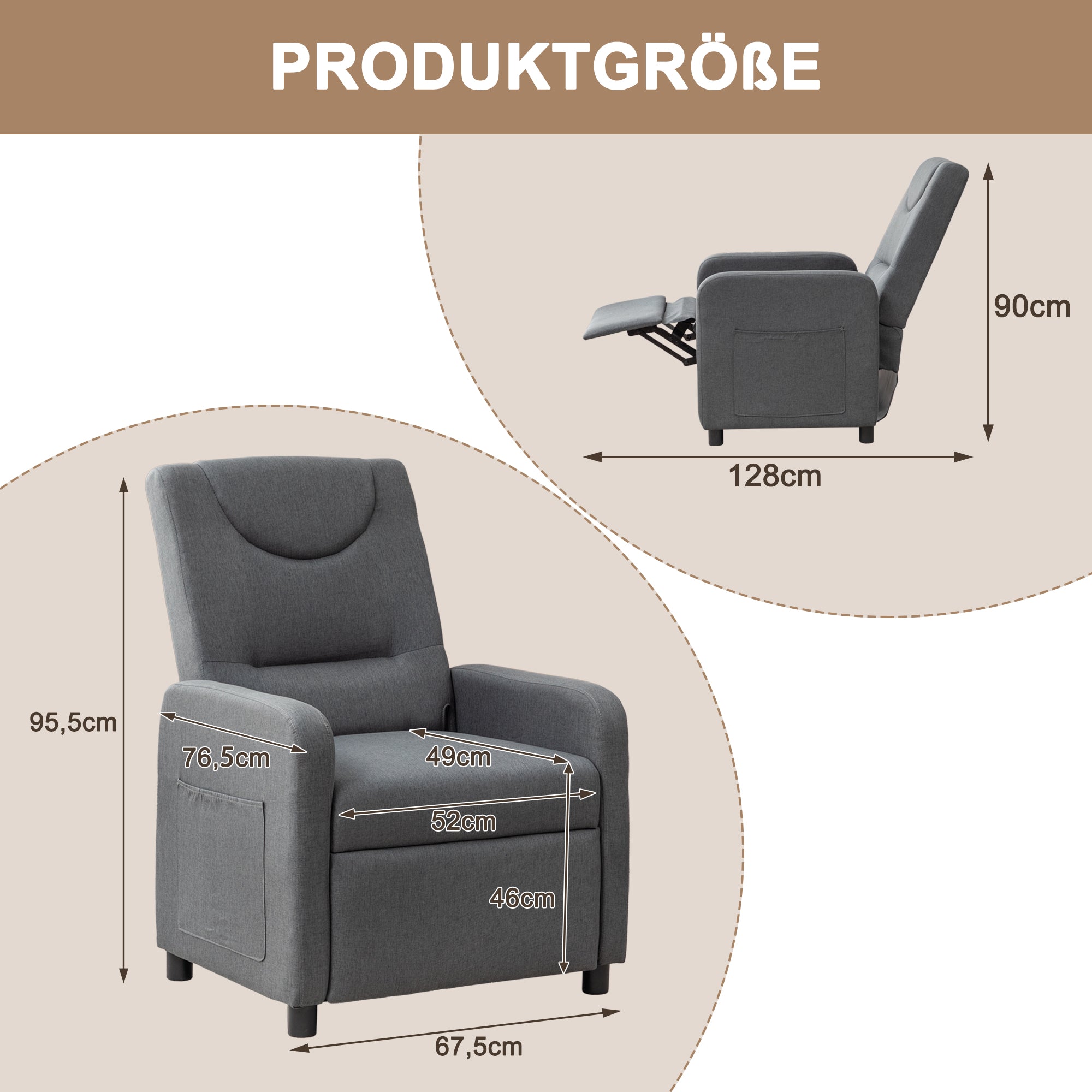 Reclining Armchair, Adjustable Recliner with Reclining Function, Dark Grey