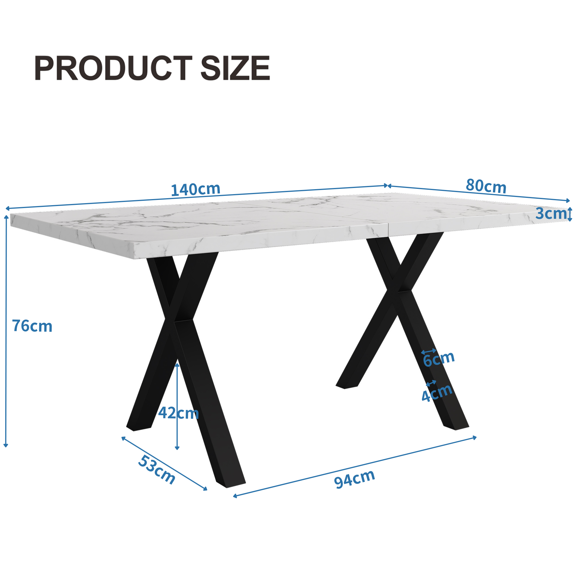 Dining Table Rectangular Crossed Legs Wrought Iron Marble Effect 140x80cm - Black and White