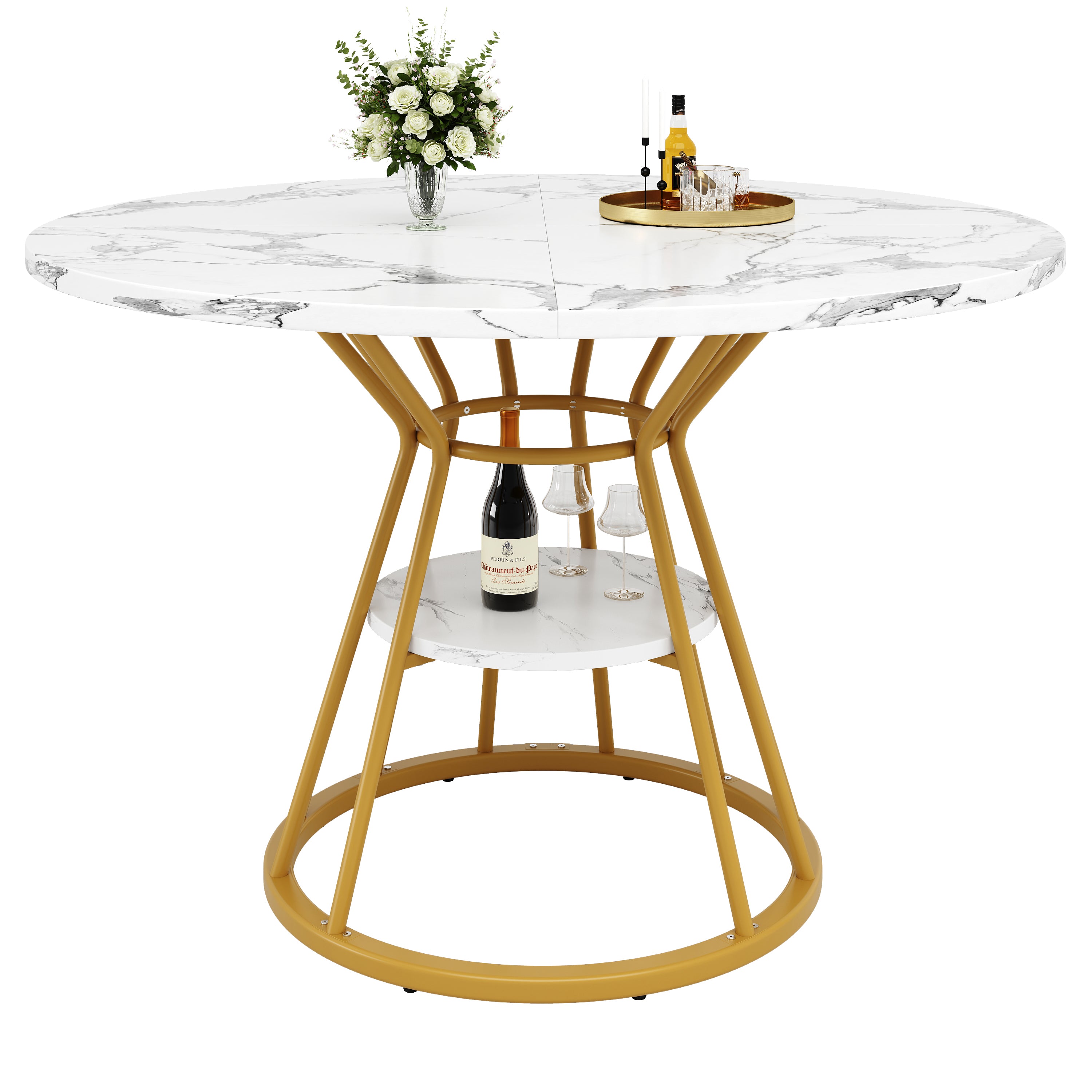Round Dining Table, Metal Legs Marble Pattern, Gold/Black