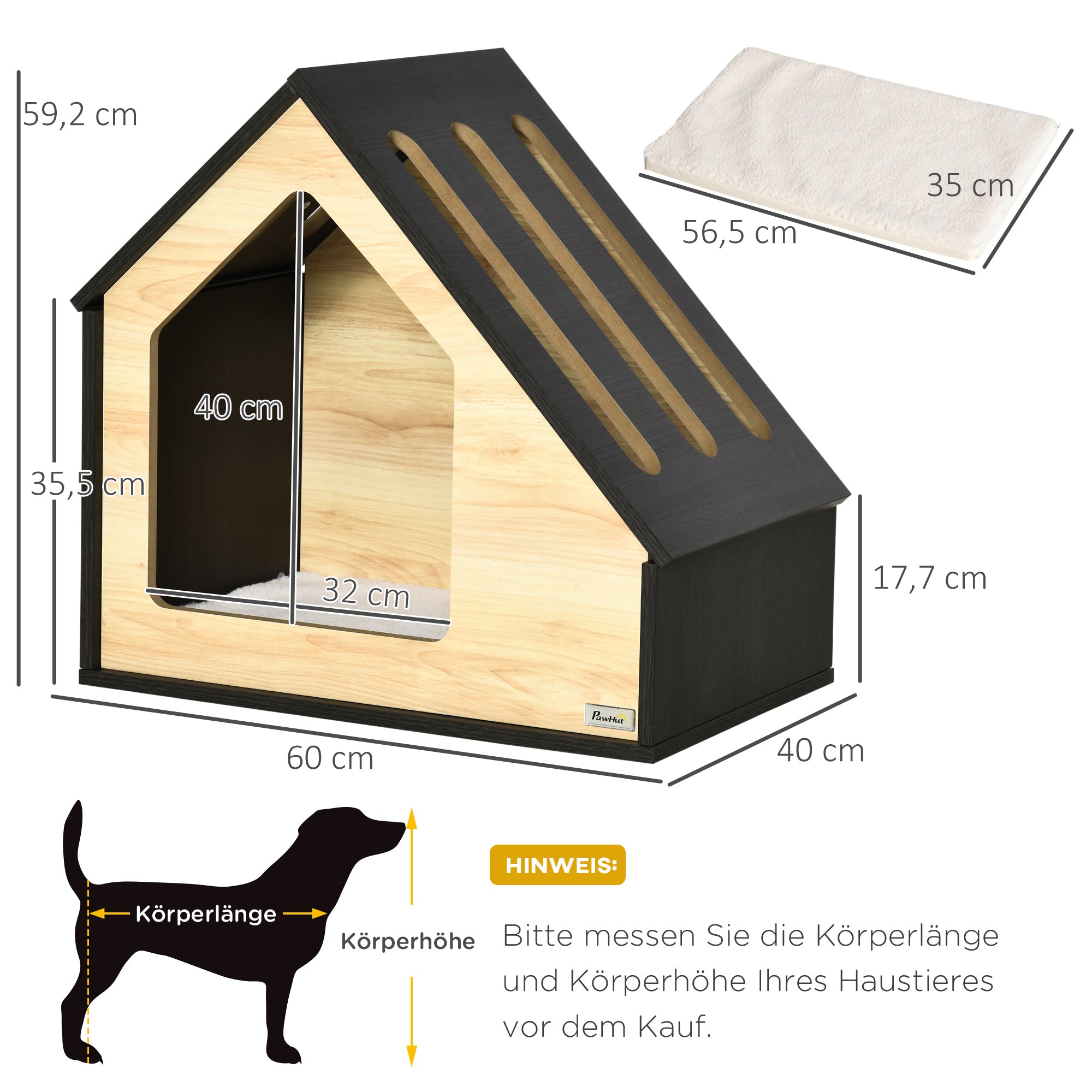 Wooden Dog House, Cat Cave, Dog Sleeping Place, Cozy Cushion, 60 x 40 x 59.2 cm, Wood