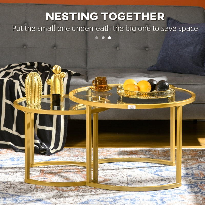 Coffee Table Set of 2, Modern Nesting Tables with Tempered Glass Top, Gold Tone Steel Frame