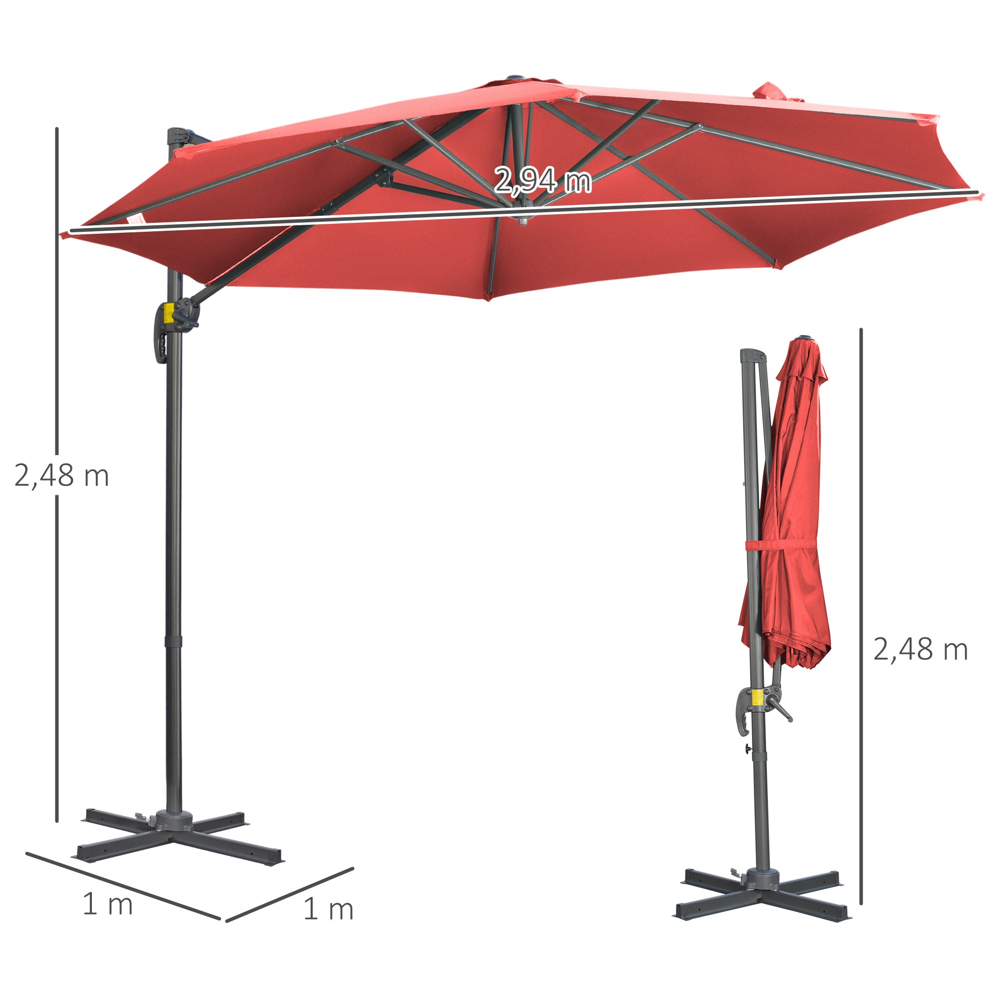 3 x 3m Cantilever Parasol with Cross Base Crank Handle, Wine Red
