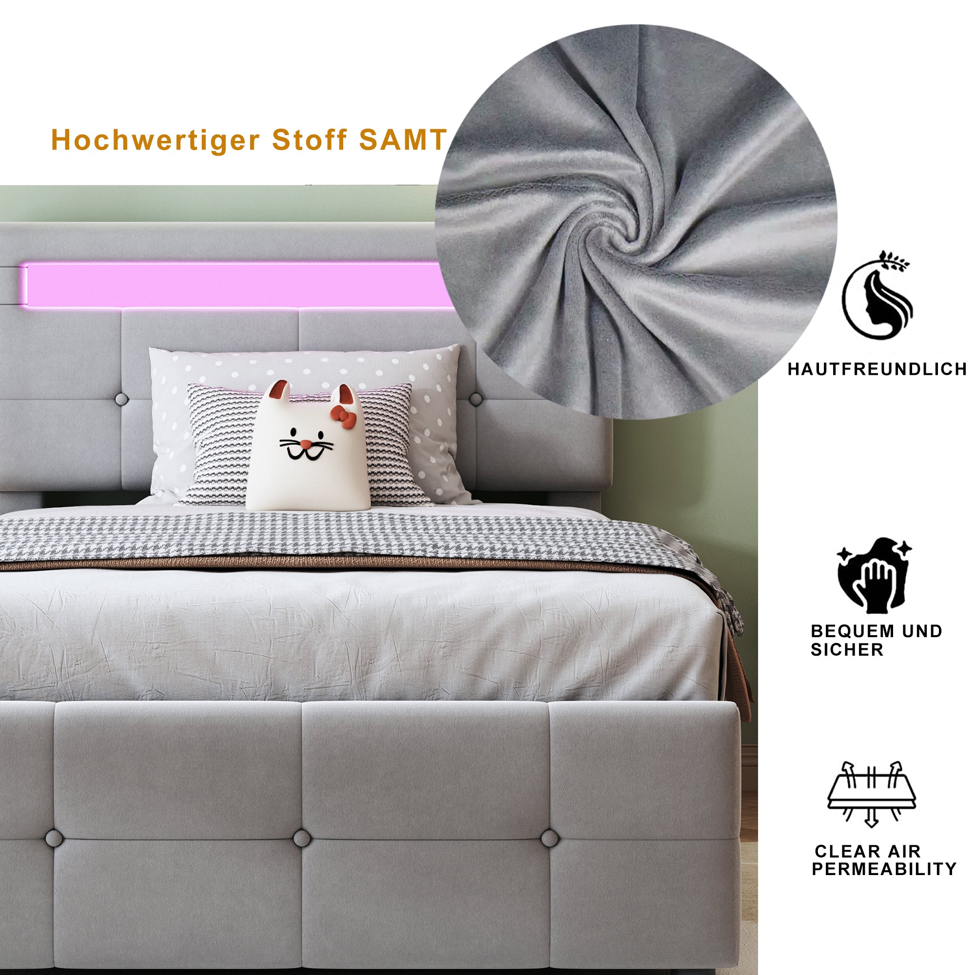 Upholstered Children's Bed, 90x200 cm with LED, Hydraulic Storage, Adjustable Headboard, Velvet Grey