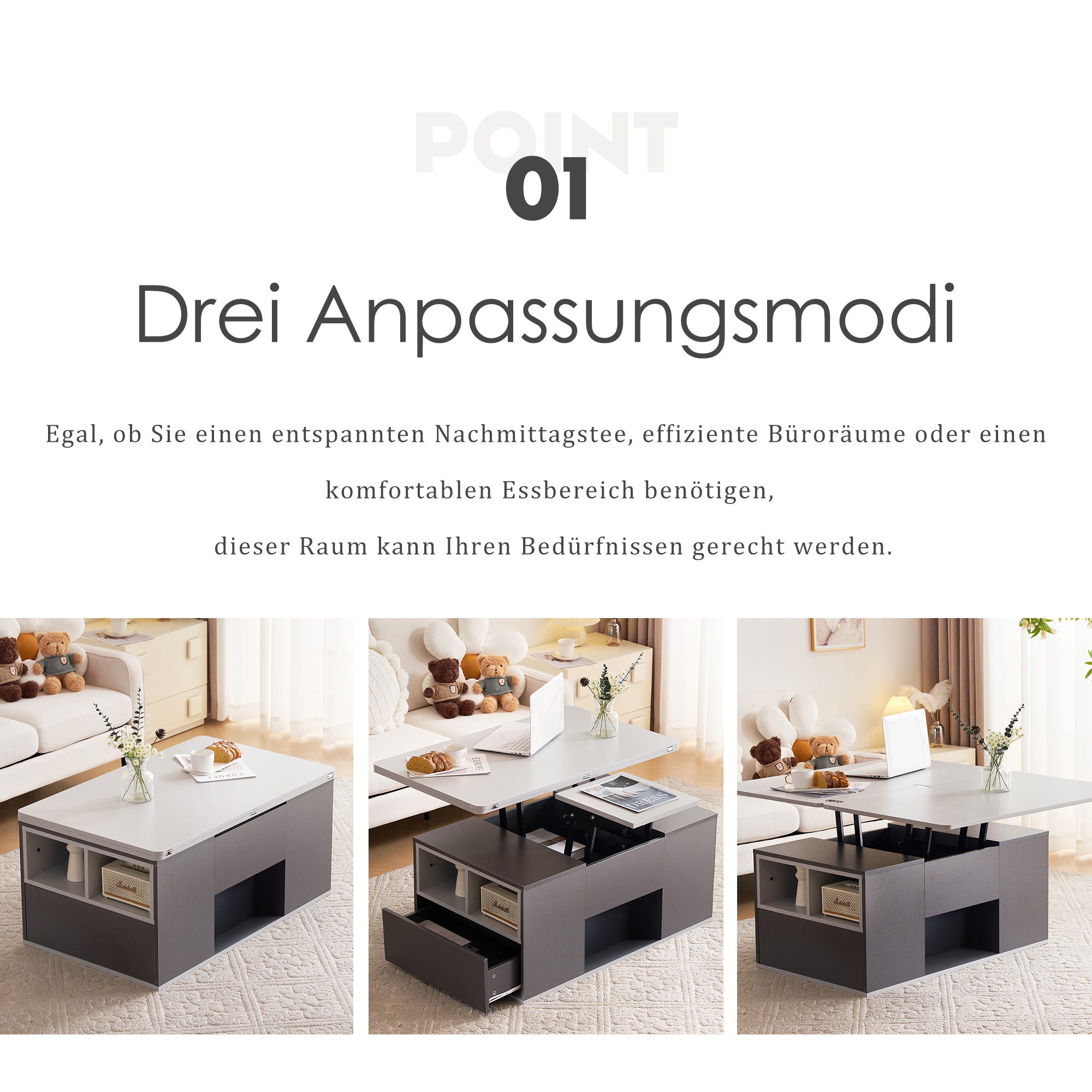 Liftable Multifunctional Coffee Table Opens to 2 Tables Large Capacity - Dark Grey/Light Grey