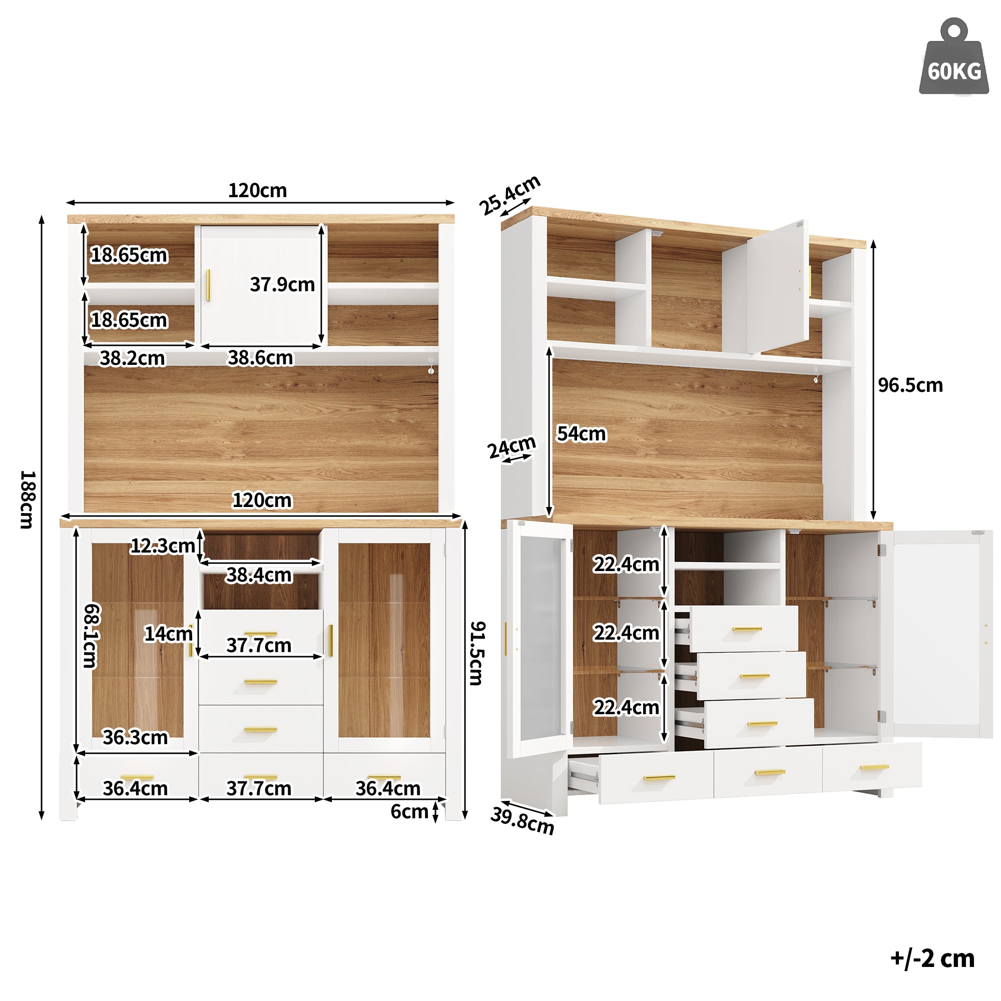 Buffet Sideboard Cabinet with LED Light Strip and Storage Drawers, 120x40x188cm, White and Wood Look