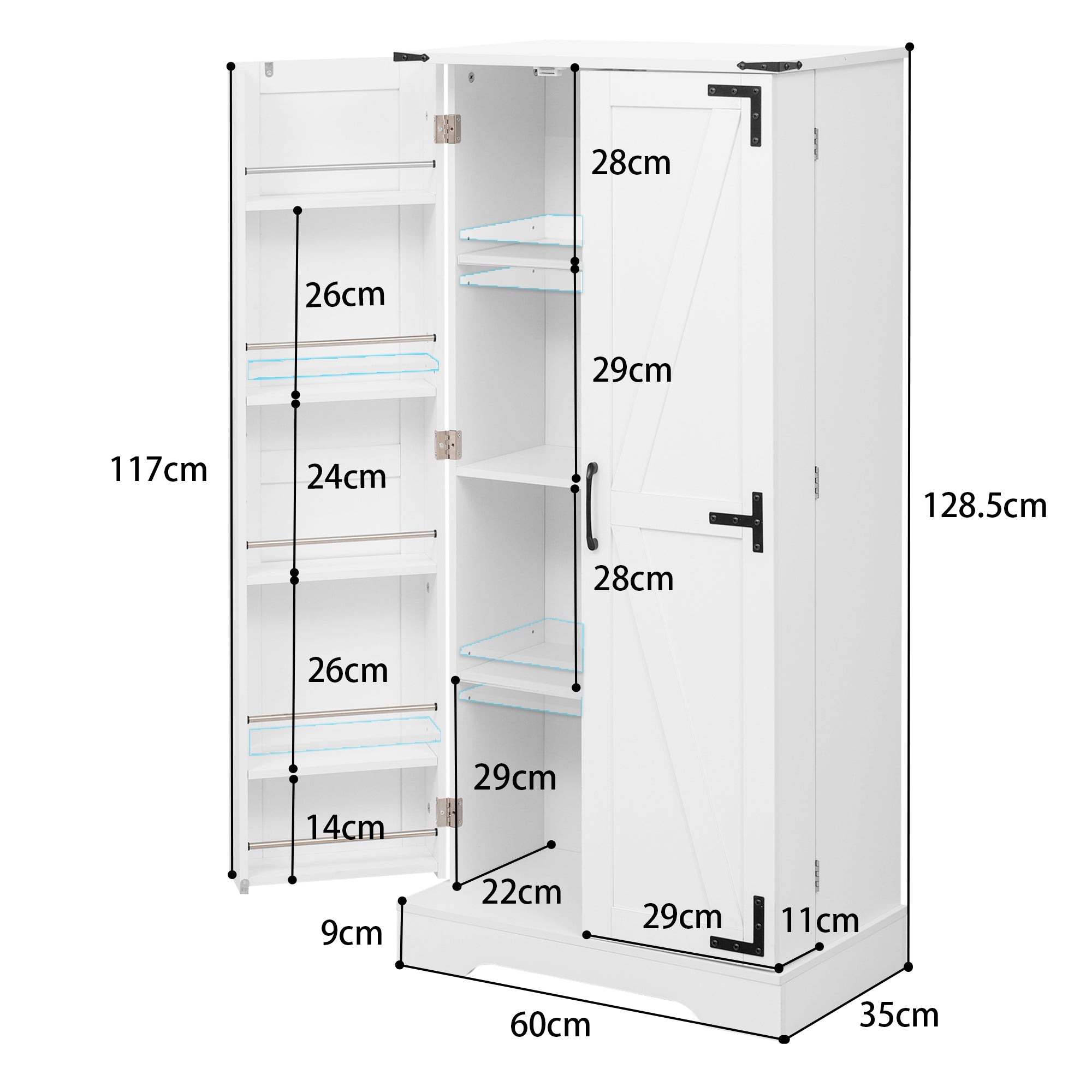 Pantry Cabinet 128.5cm Farmhouse LED 2 Doors Adjustable Shelves - White