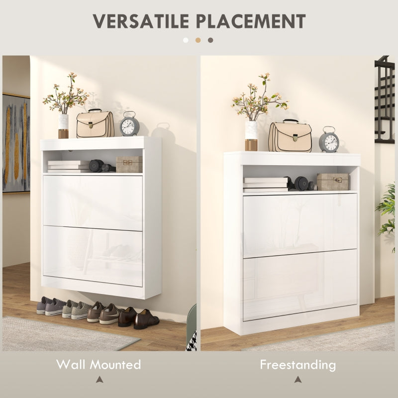 Shoe Storage Cabinet, 16 Pair with Flip Doors, High Gloss White