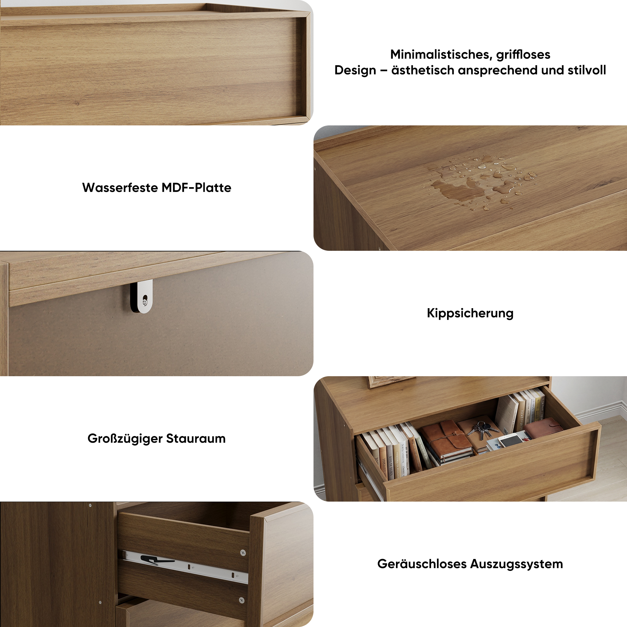 Chest of Drawers with 3 Storage Drawers and Metal Rails, Oak Wood Look