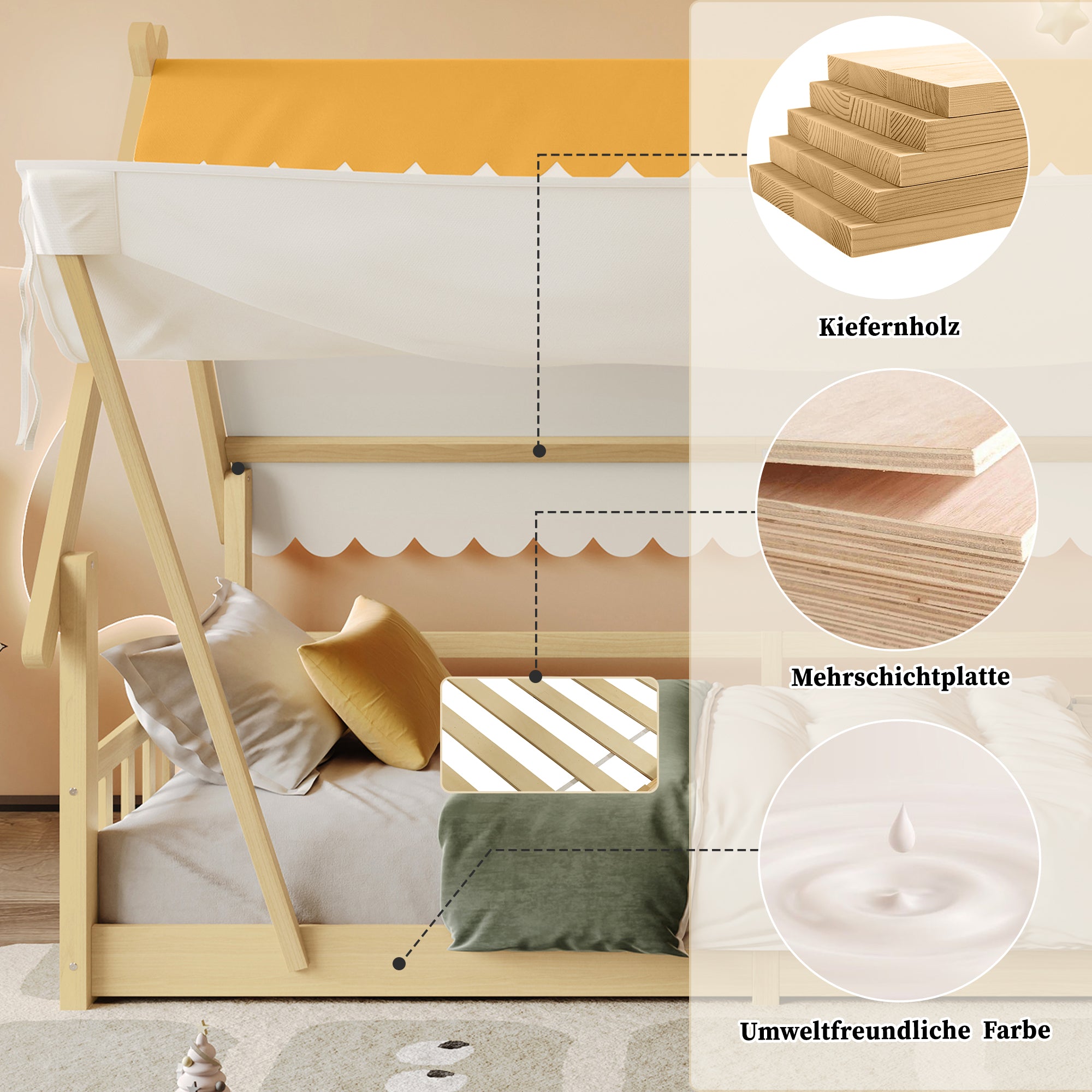 Wooden Bed, Children's Single with Removable Tent & Safety Railing, Pine + Plywood, Natural