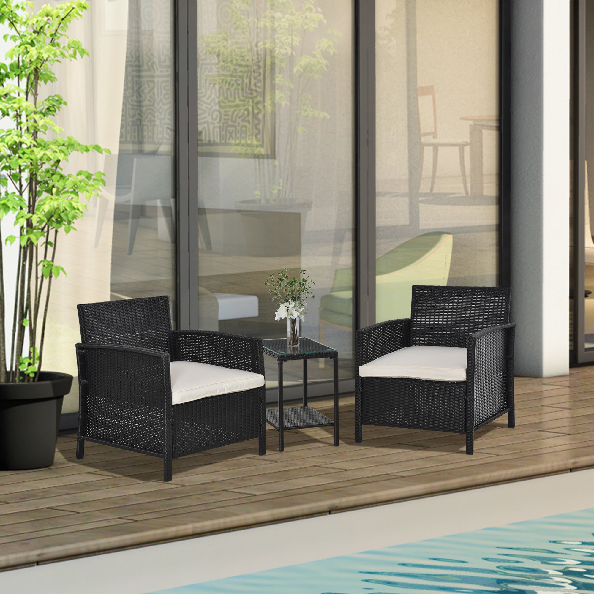 2-Seater PE Rattan Bistro Set with Side Table & Armchair, Black