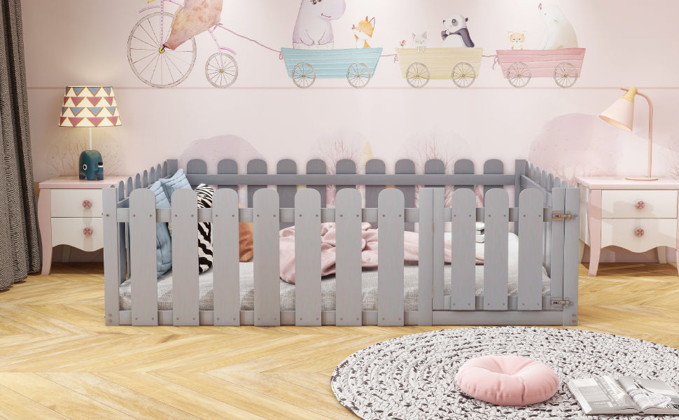 Children's bed 140x200cm wooden bed frame with border and door, grey