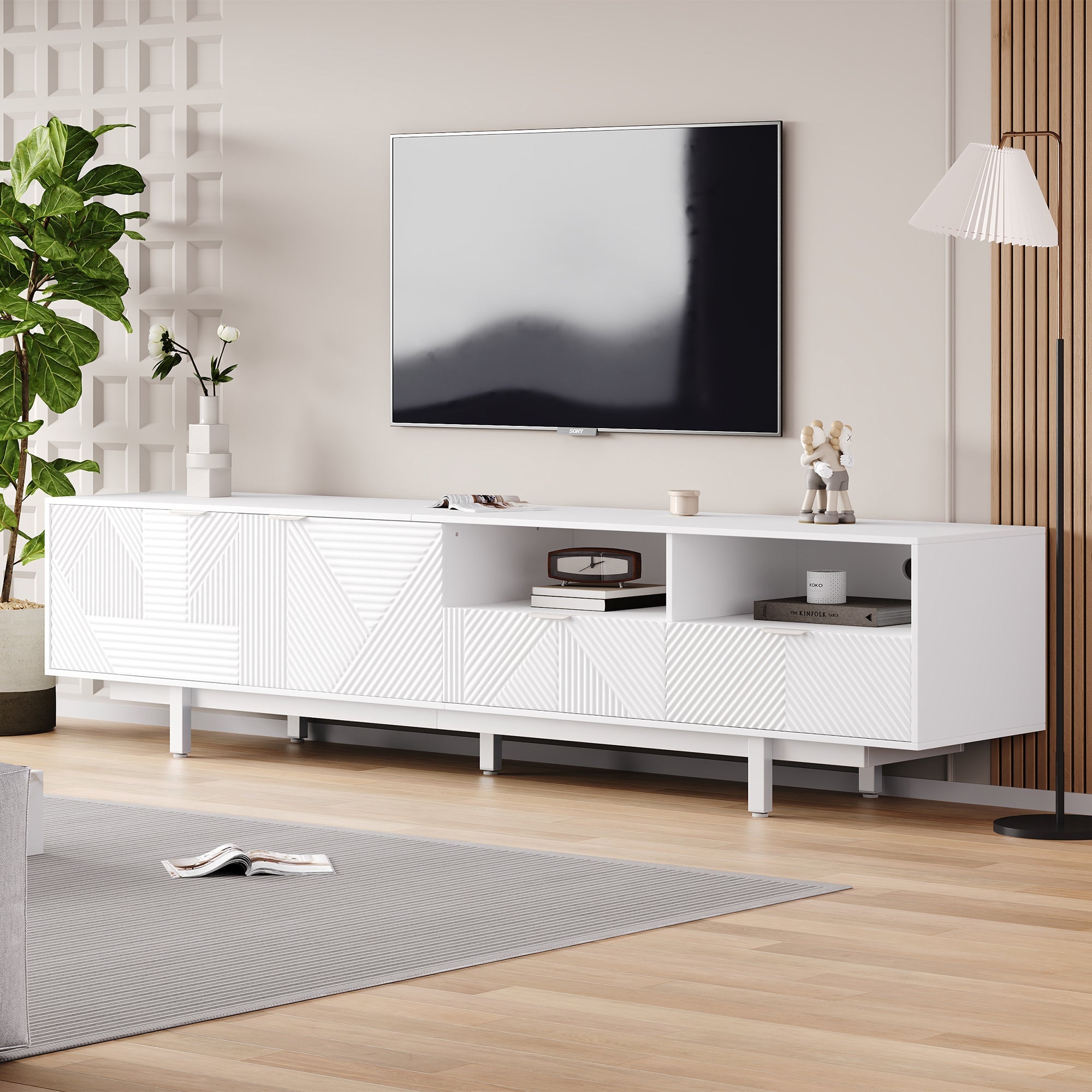 TV Cabinet, Modern Bohemian White Geometric Lines with Storage Space, for 90 inch TVs