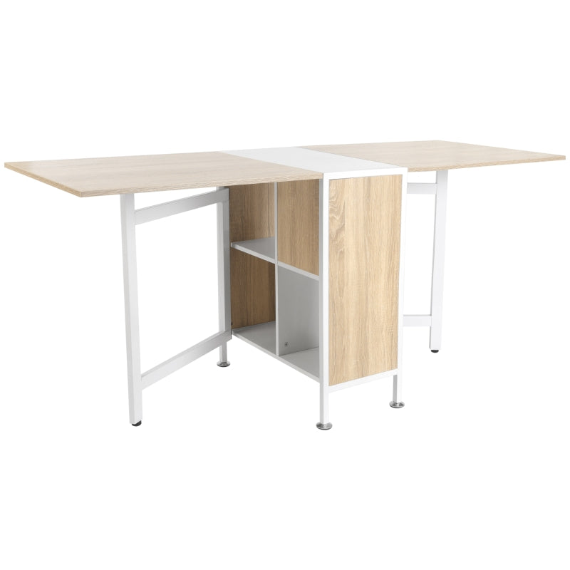Foldable Drop Leaf Dining Table with Storage Shelves Cubes, Oak & White