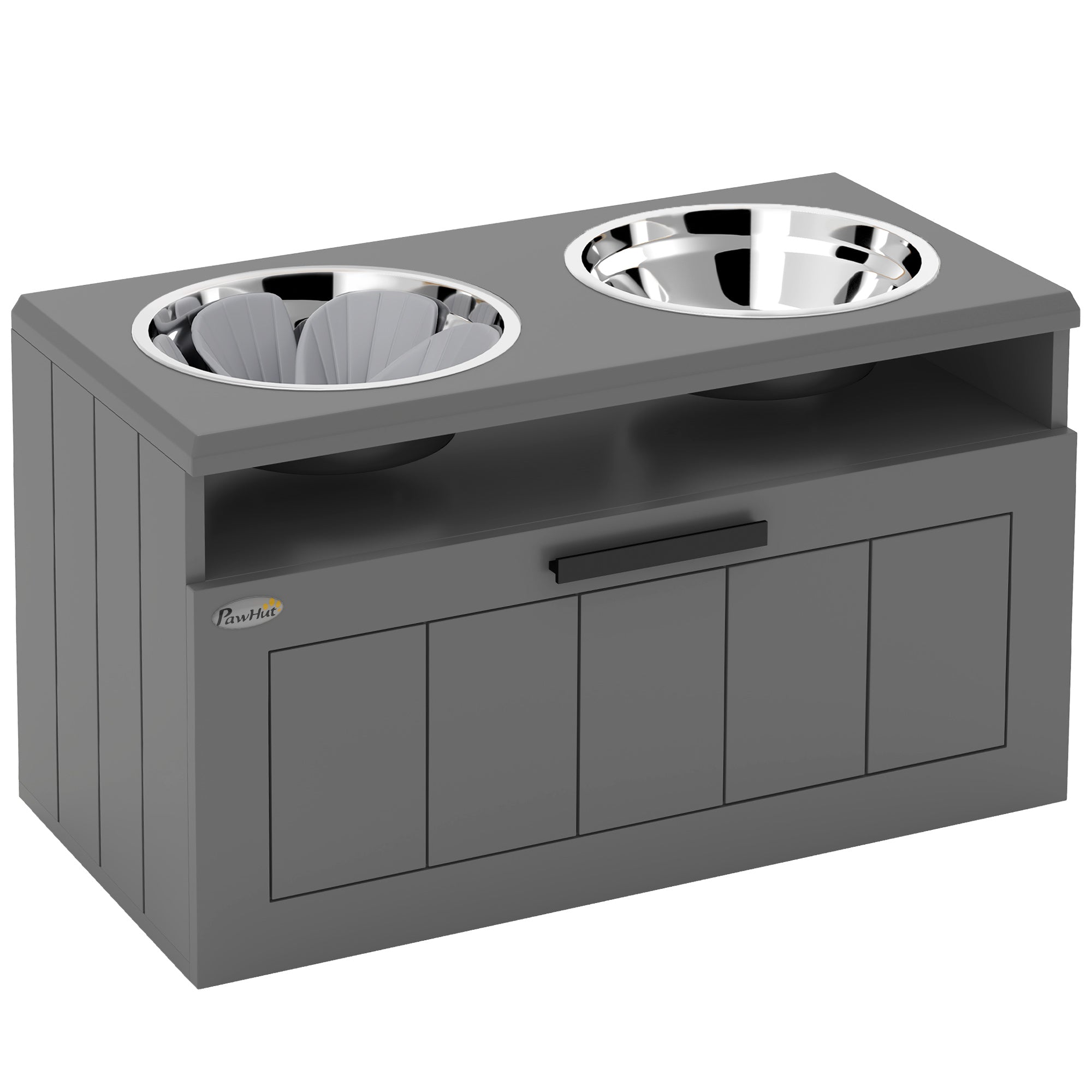 Dog Bowls, Elevated Feeding Station with 2 Stainless Steel Bowls, Gray