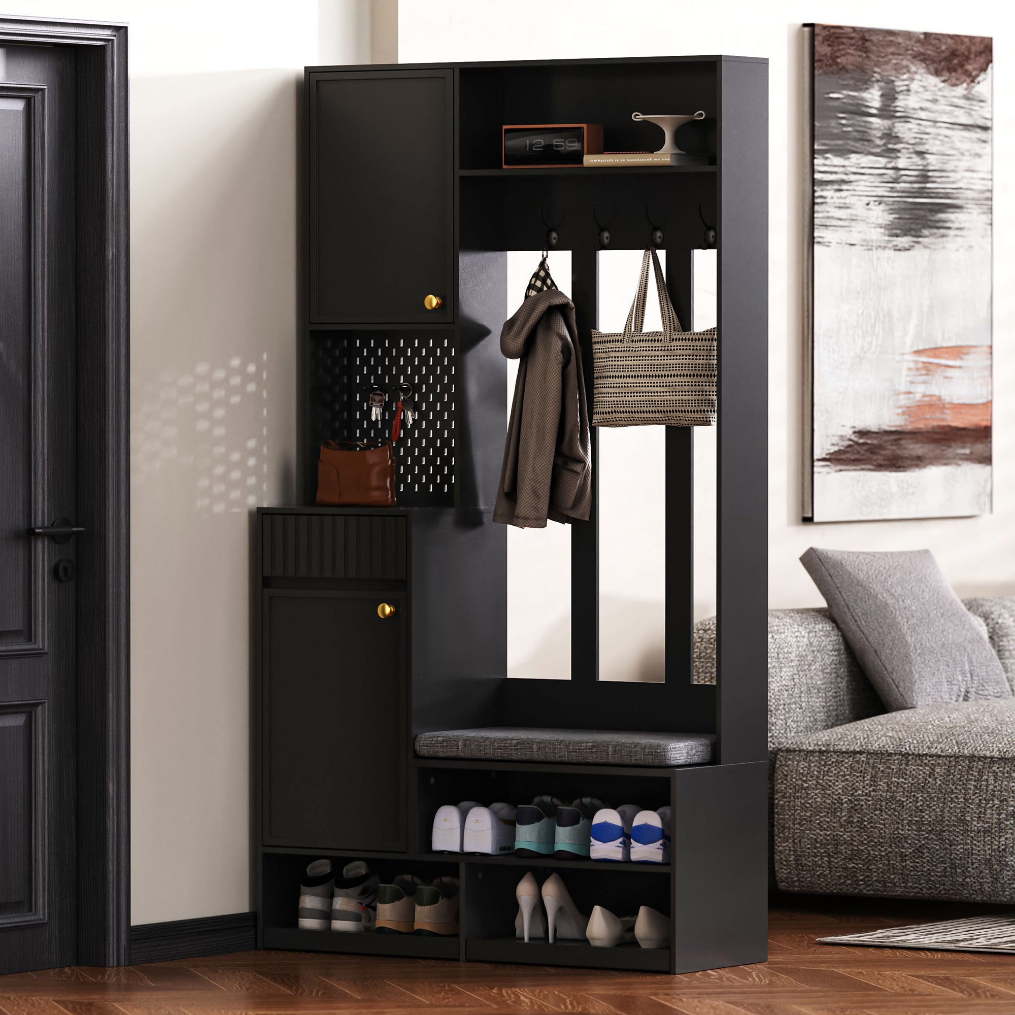 Wardrobe set complete hallway wardrobe set with bench, 4 hooks, doors & drawers - black