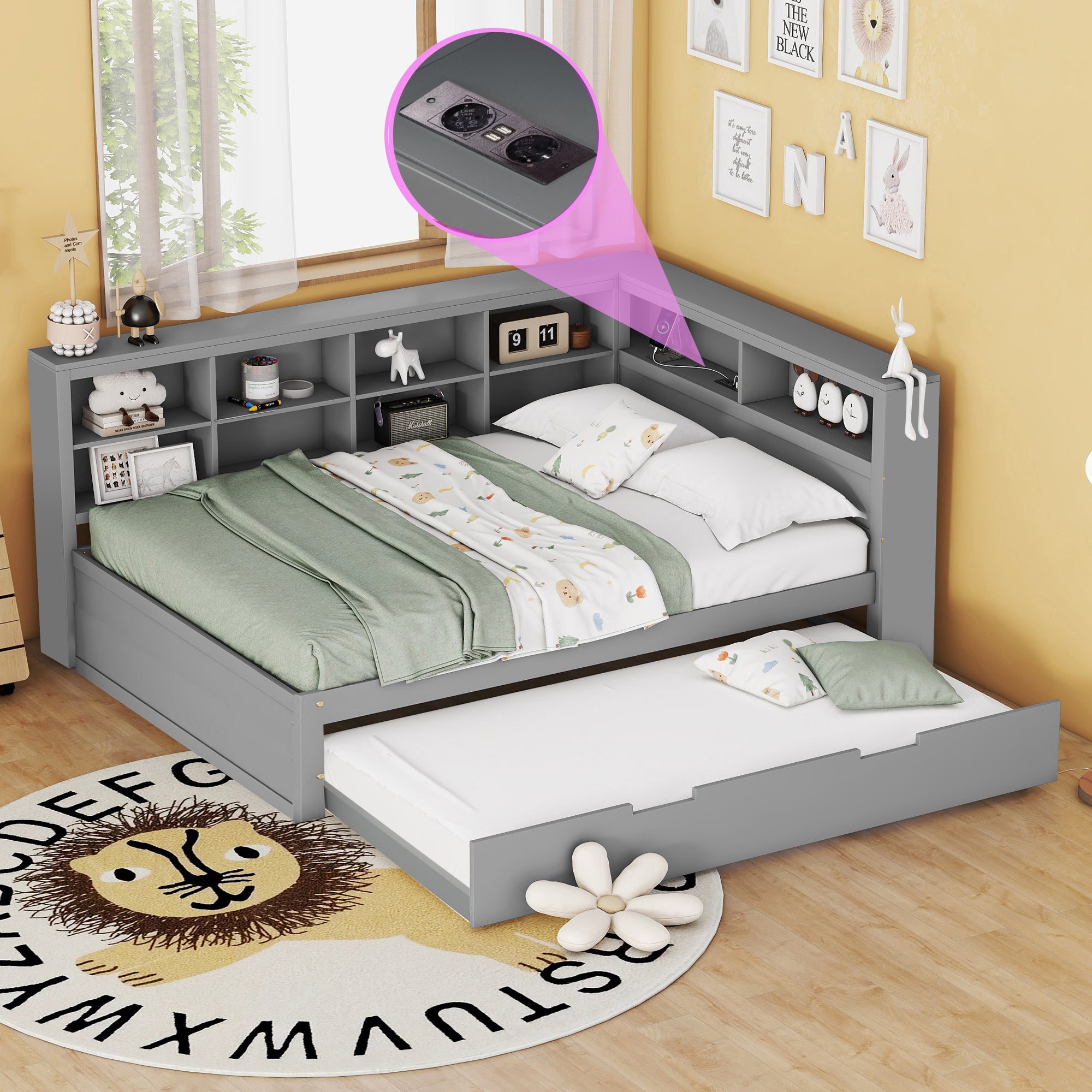 Sofa Bed 140x200 Pull-Out 90x190 with USB & Storage, Solid Wood, Gray