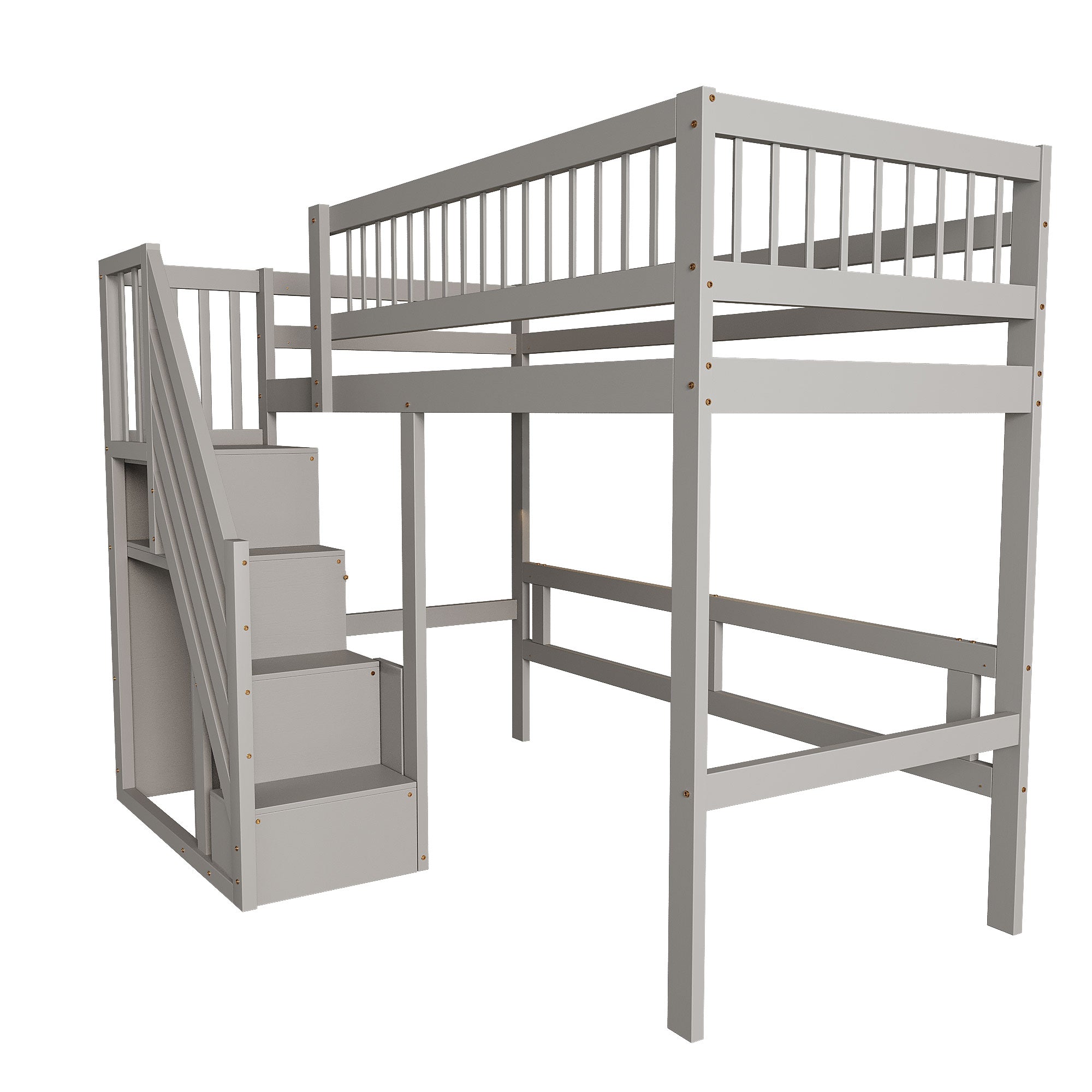 Solid wood bed 90*200 with stairs, storage cabinet, single bed, high version, grey