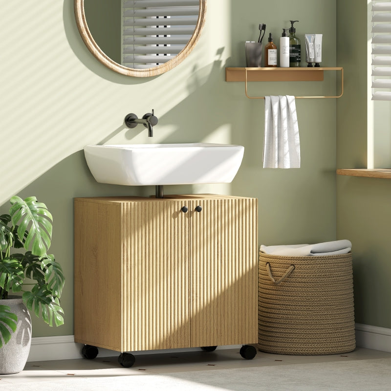 Bathroom Vanity Unit with 3-Tier Shelf and Wheels, Wood