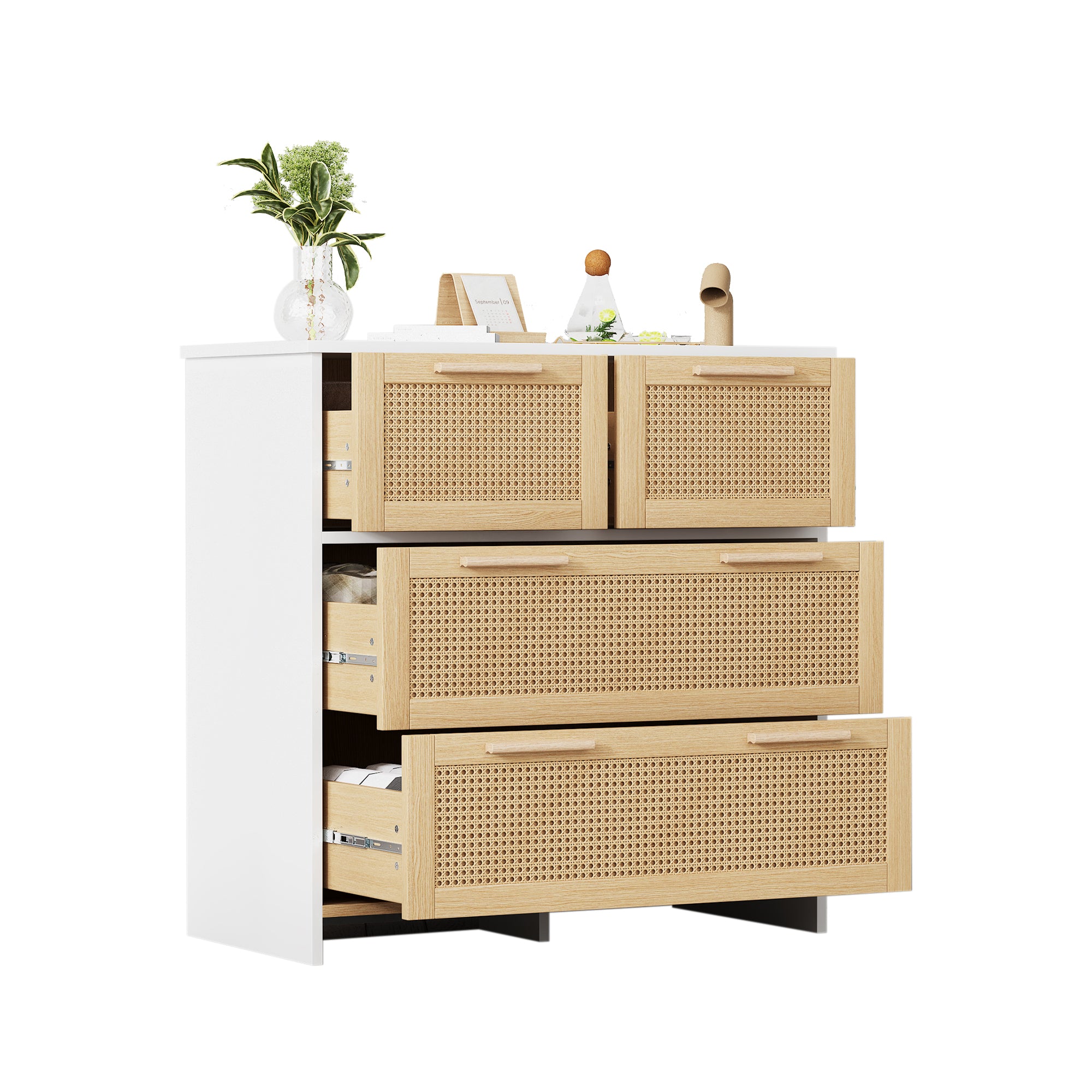 4-drawer rattan cabinet with solid wood handles