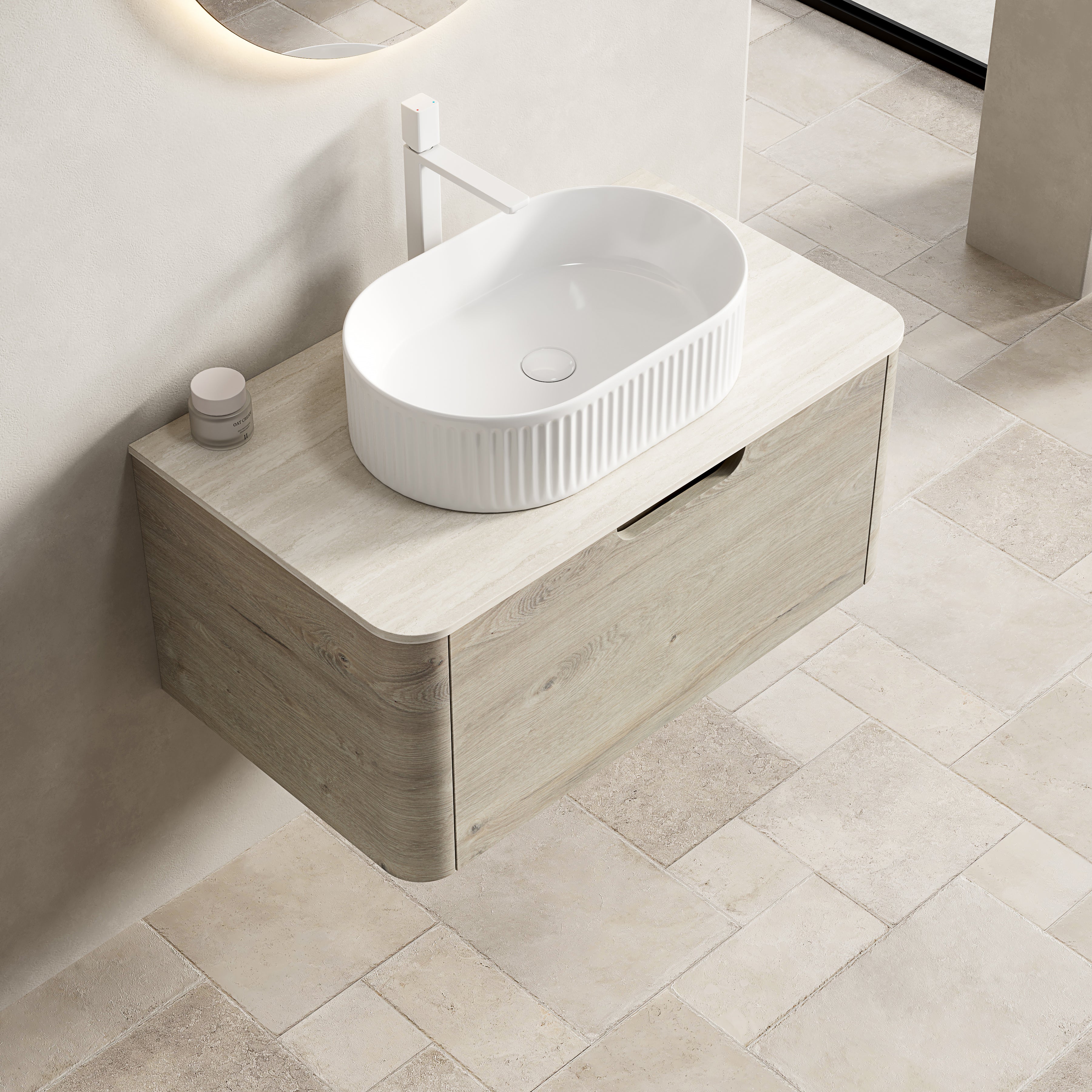 Floating Bathroom Vanity with Oval Sink and Sintered Stone Top, Oak Cream Wood Grain