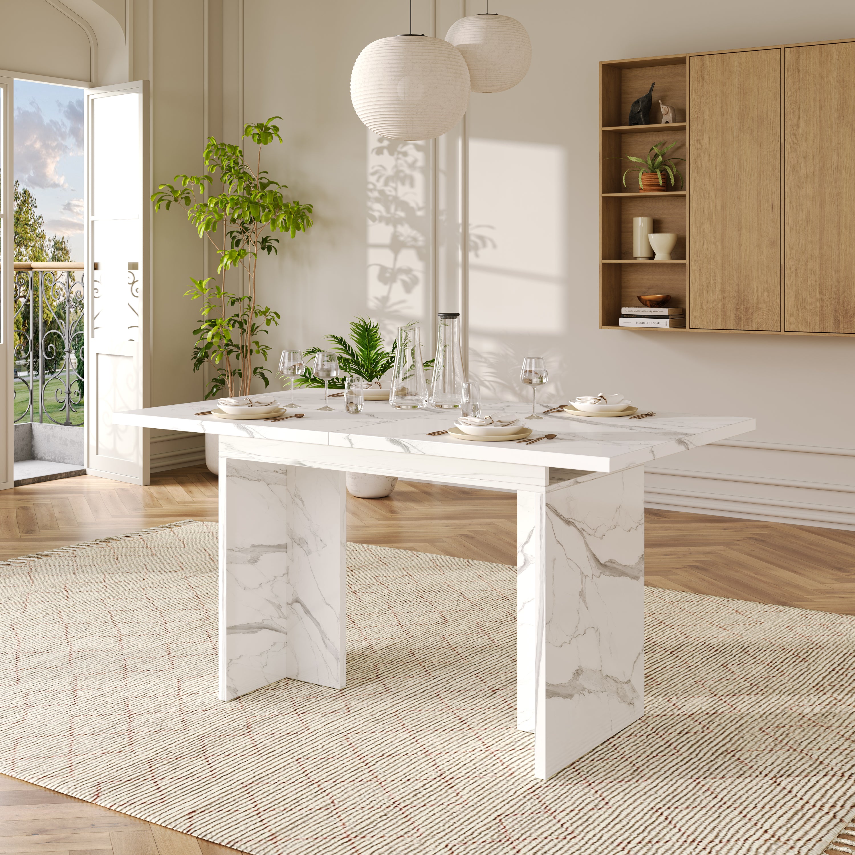 Extendable Dining Table 140/180x80cm Rectangular 6-8 Seater - White Marble